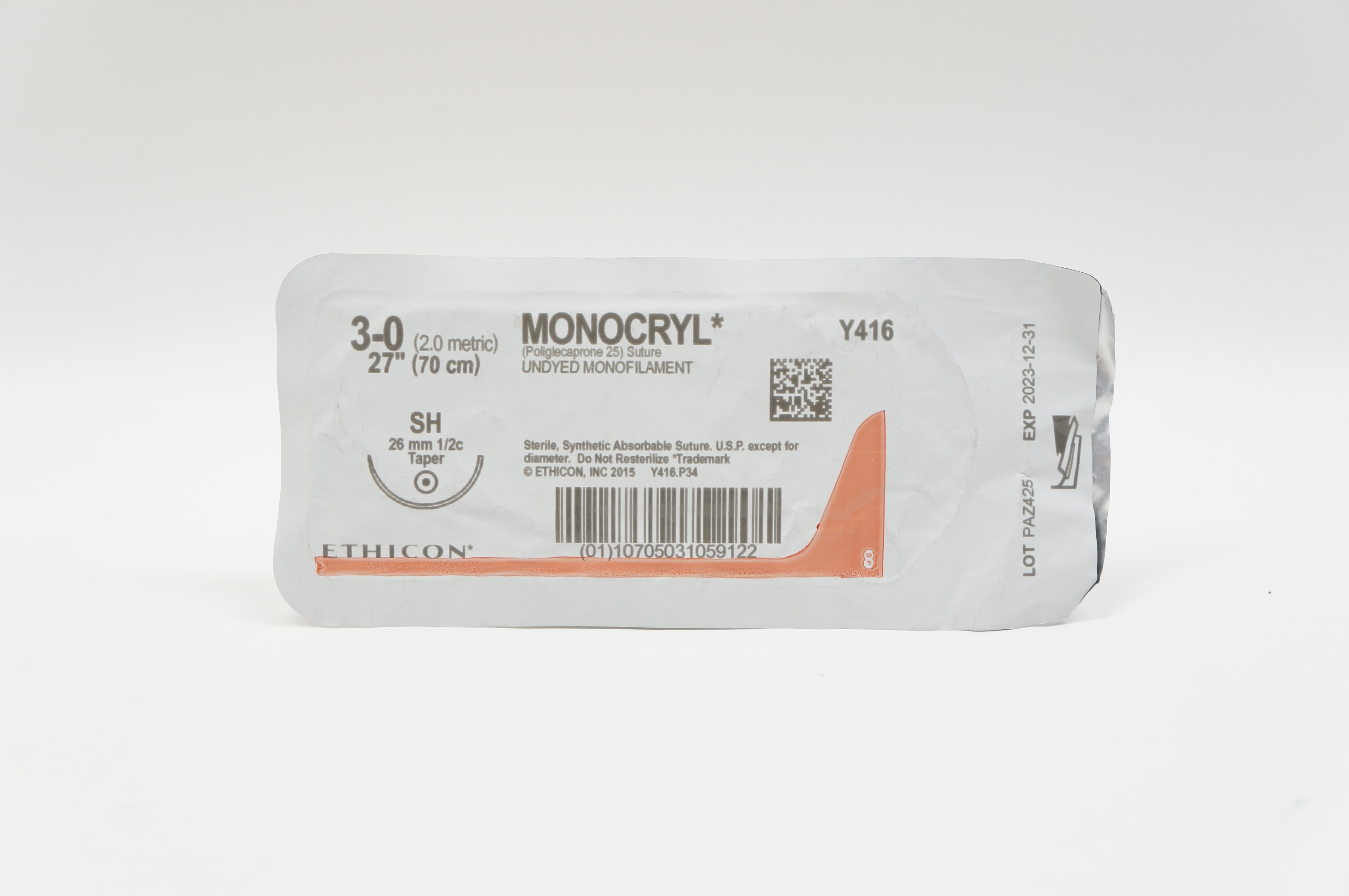 Ethicon Y416 3-0 MONOCRYL, SH, 26mm 1/2c Taper, 27inch