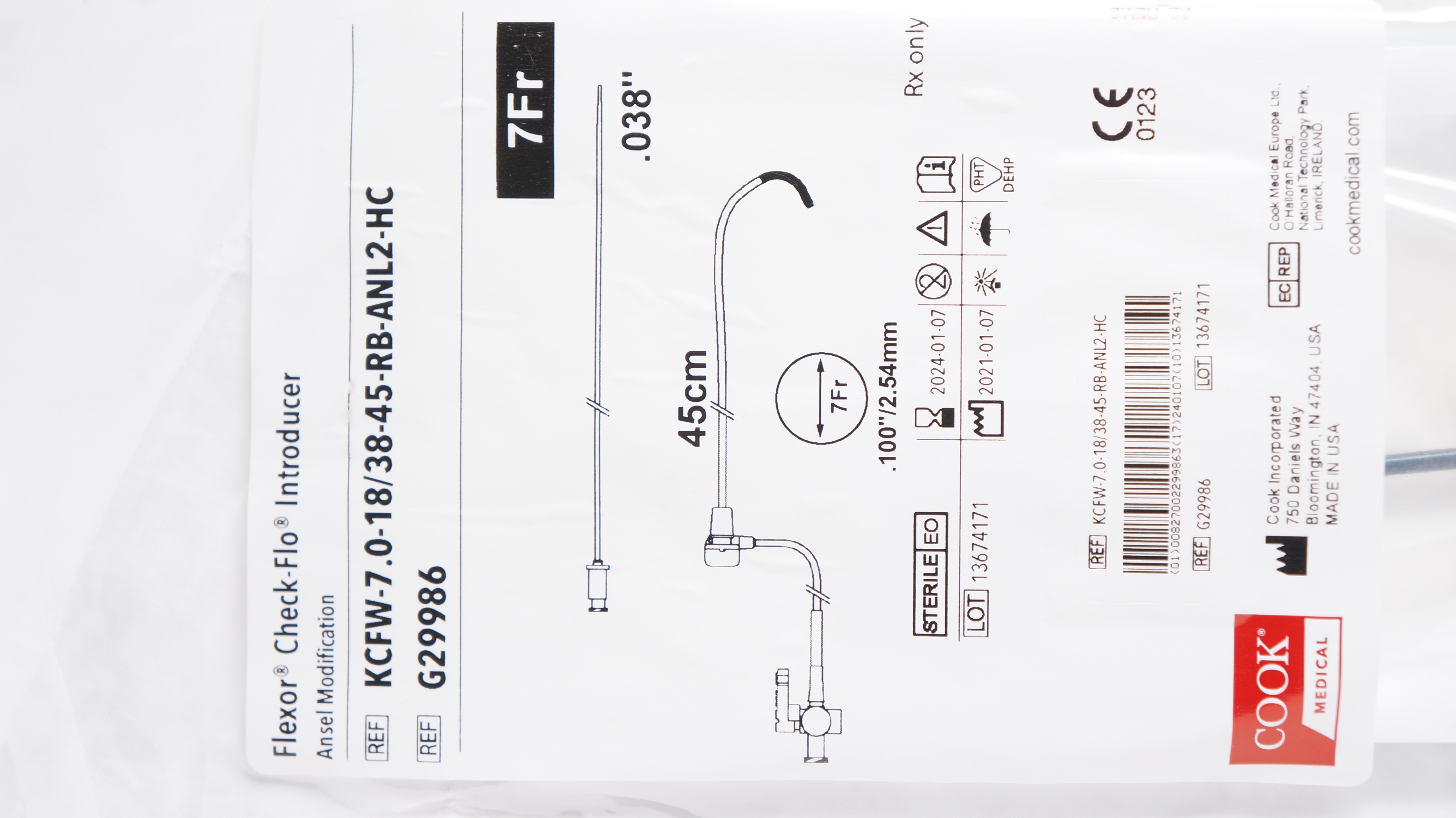 Cook Medical G29986 Flexor Check-Flo Introducer 7Fr x 45cm x .038inch (x)
