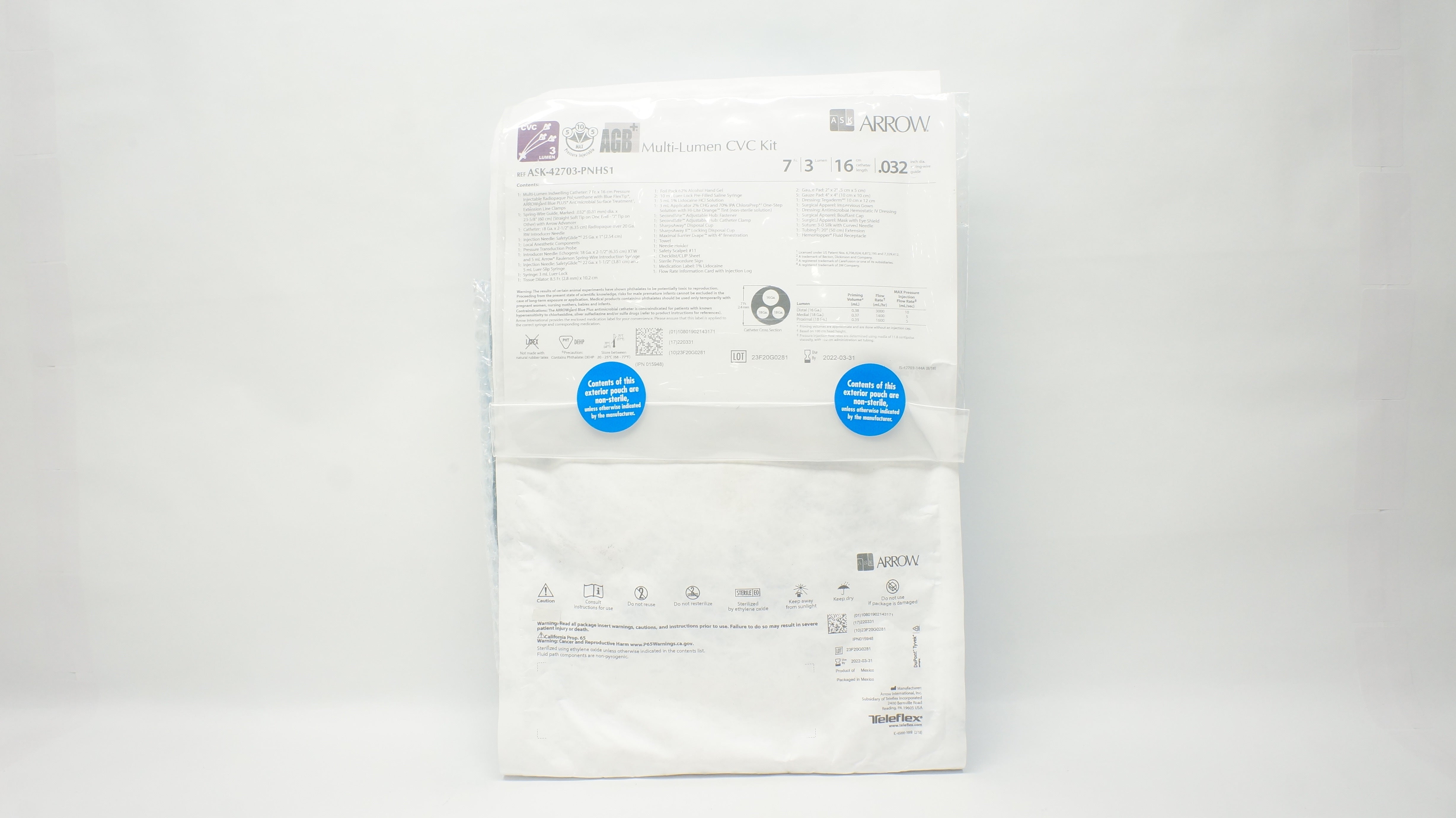 Arrow ASK-42703-PNHS1 AGB+ Multi-Lumen CVC Kit 3Lumen 7Fr. x 16cm x .032inch