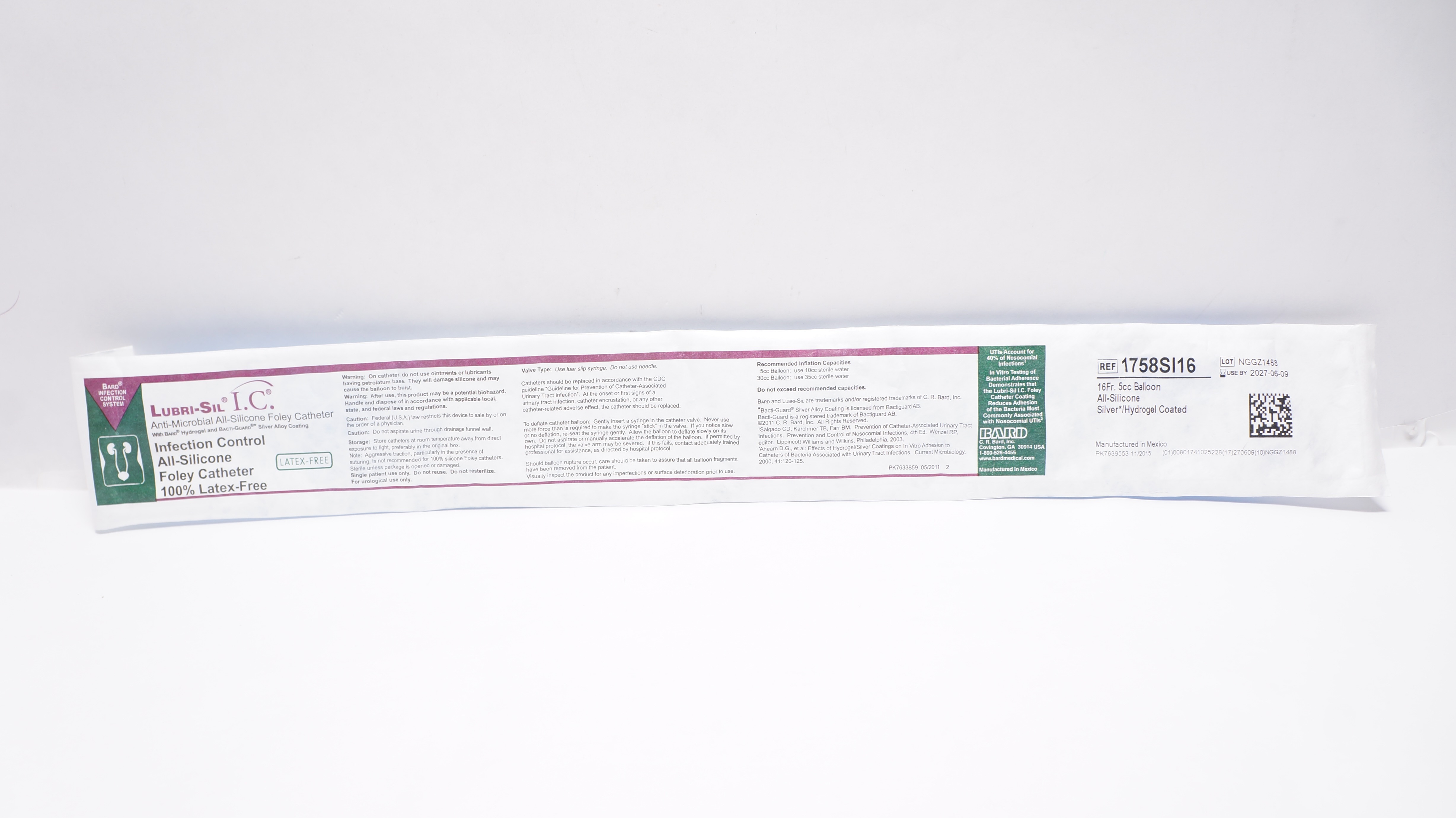 Bard 1758SI16 Lubri-Sil I.C. Anti-Microbial Foley Cath. 16Fr 5cc Ribbed Balloon
