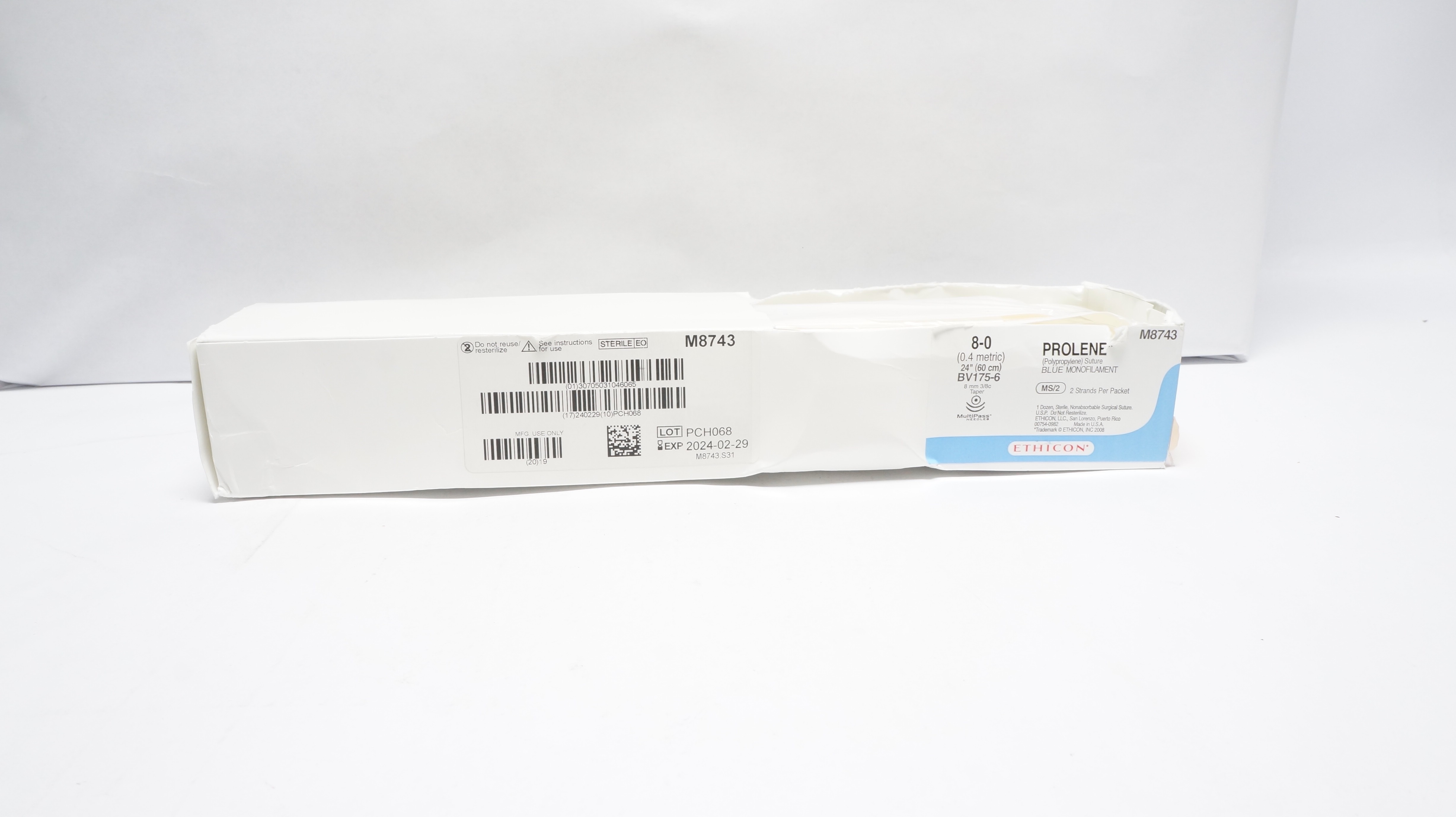 Ethicon M8743 8-0 Prolene BV175-6 8mm 3/8c Taper 24inch (x)- Box of 10