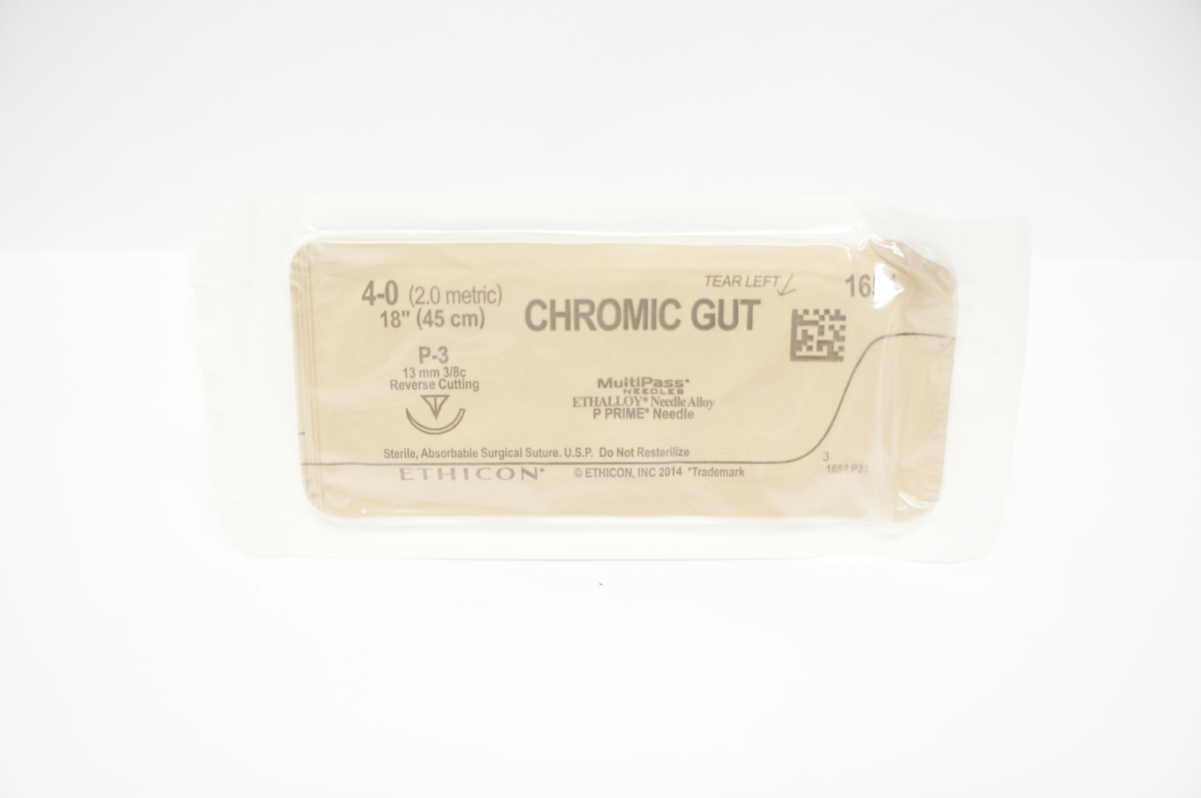 Ethicon 1654 4-0 CHROMIC GUT, P-3, 13mm 3/8 Reverse Cutting, 18inch