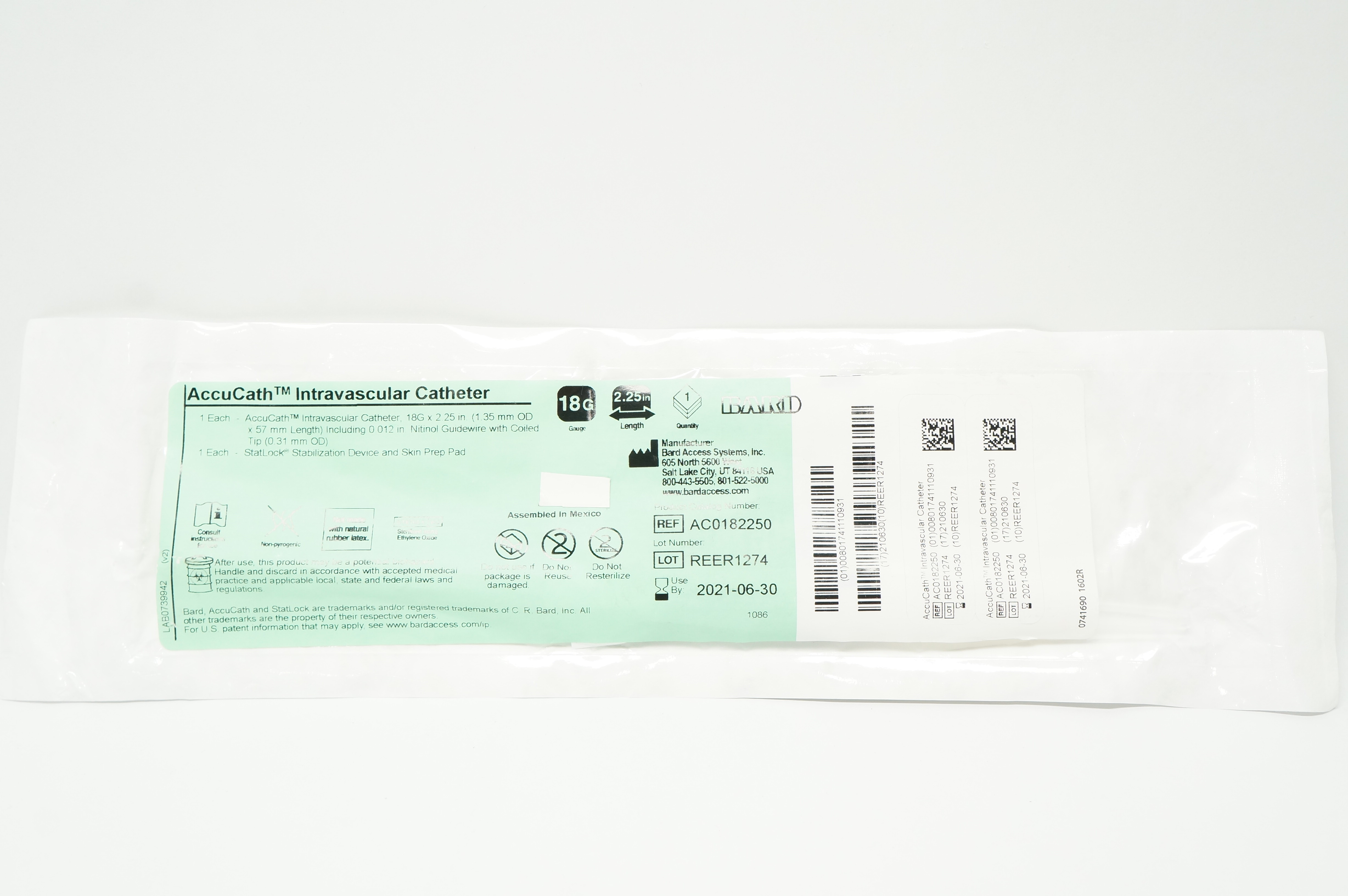 Bard AC0182250 AccuCath Intravascular Cath. 18G x 2.25 inch (x)