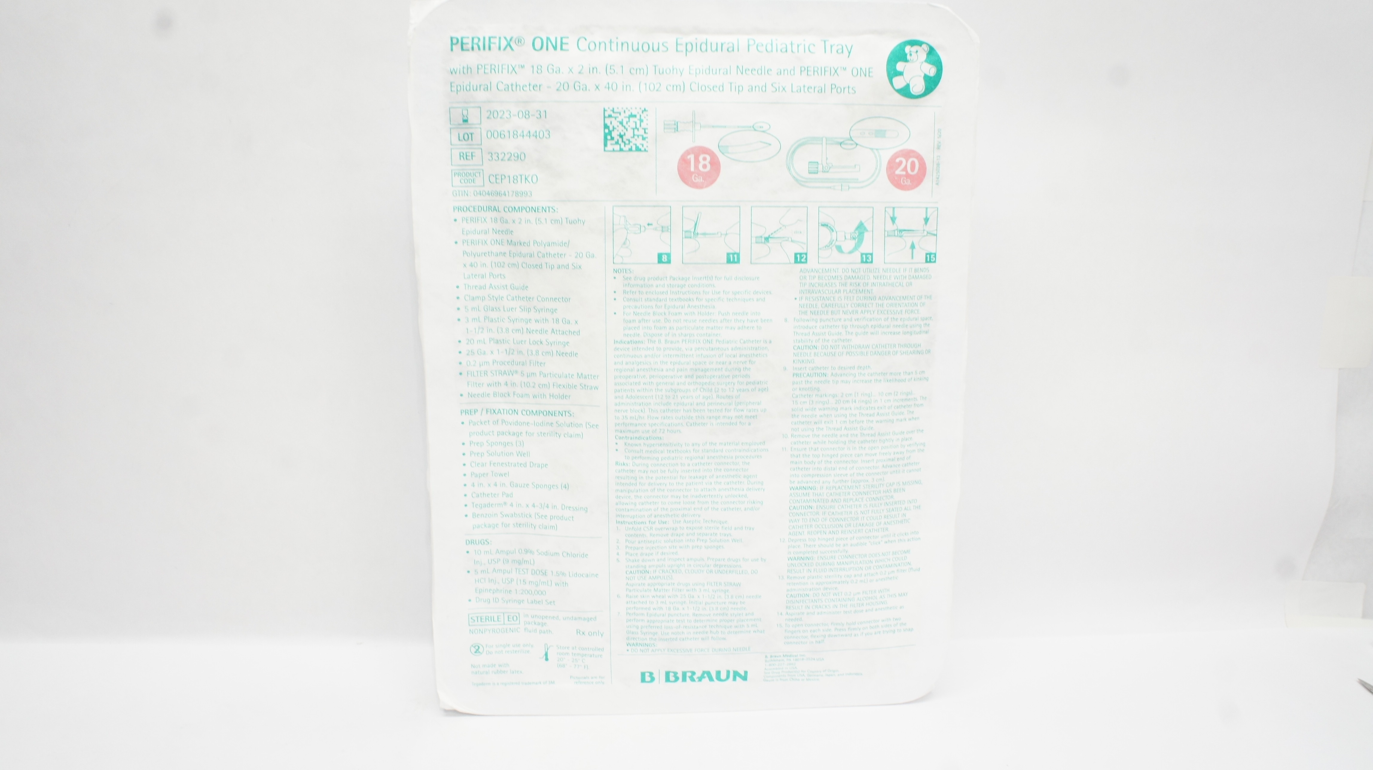 B.Braun 332290 Perifix One Continuous Epidural Pediatric Tray 20Ga x 40inch (x)