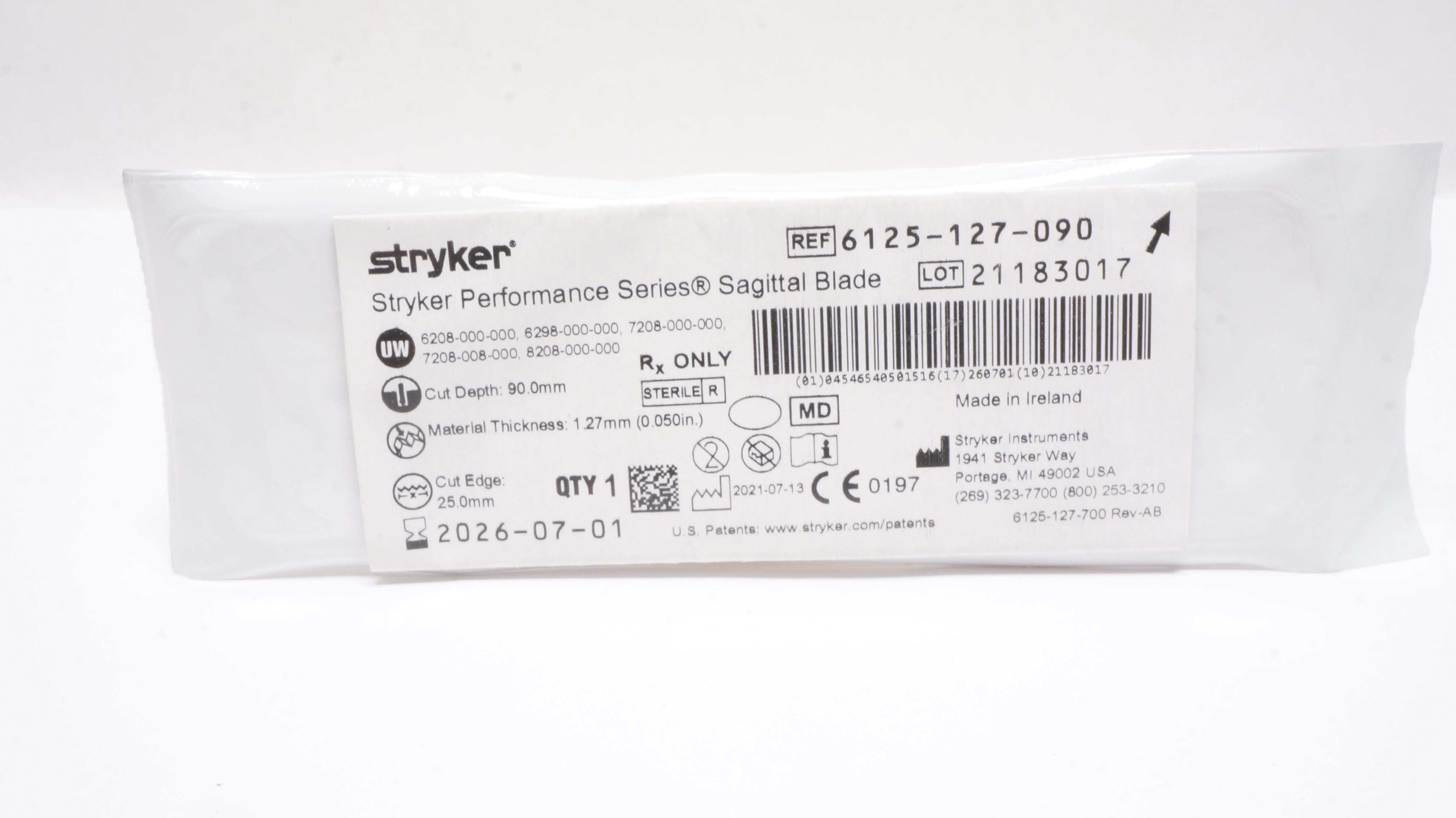 Stryker 6125-127-090 Performance Series Sagittal Blade 25.0mm x 90.0mm