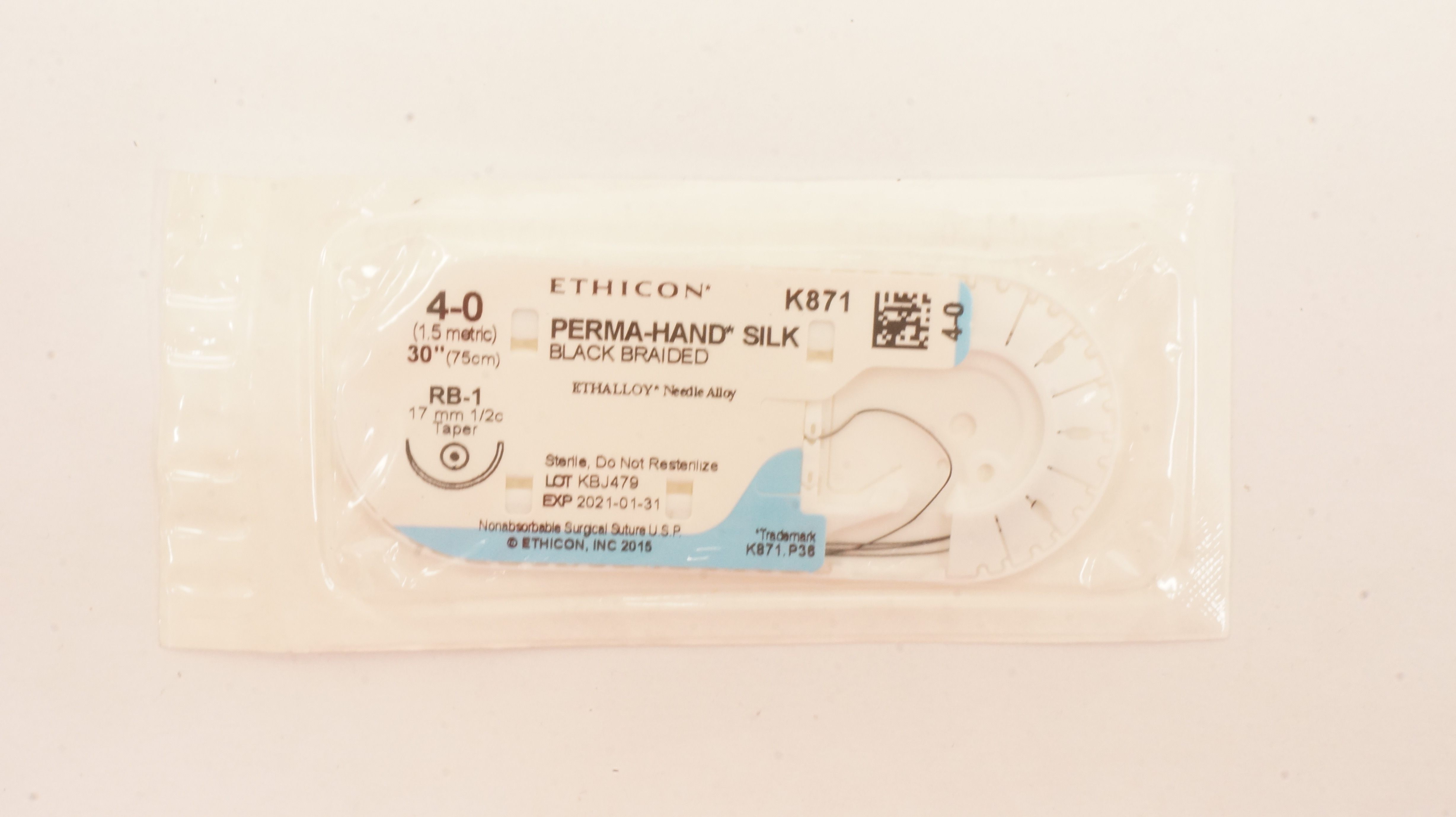 Ethicon K871 4-0 PERMA-HAND SILK, RB-1 17mm 1/2c Taper, Black Braided, 30in (x)