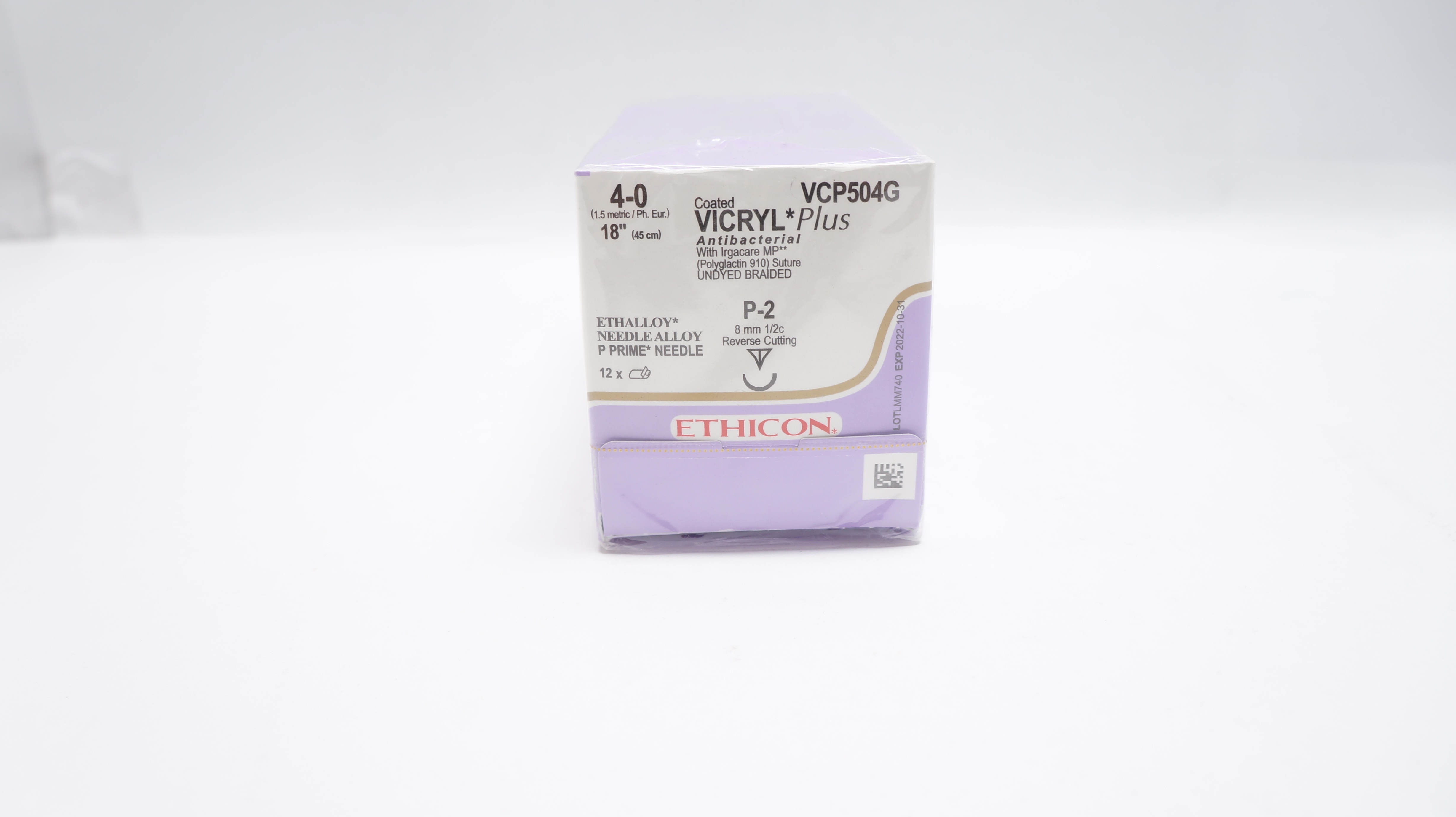 Ethicon VCP504G 4-0 VICRYL Plus P-2 8mm 1/2c Reverse Cutting 18inch(x)-Box of 12