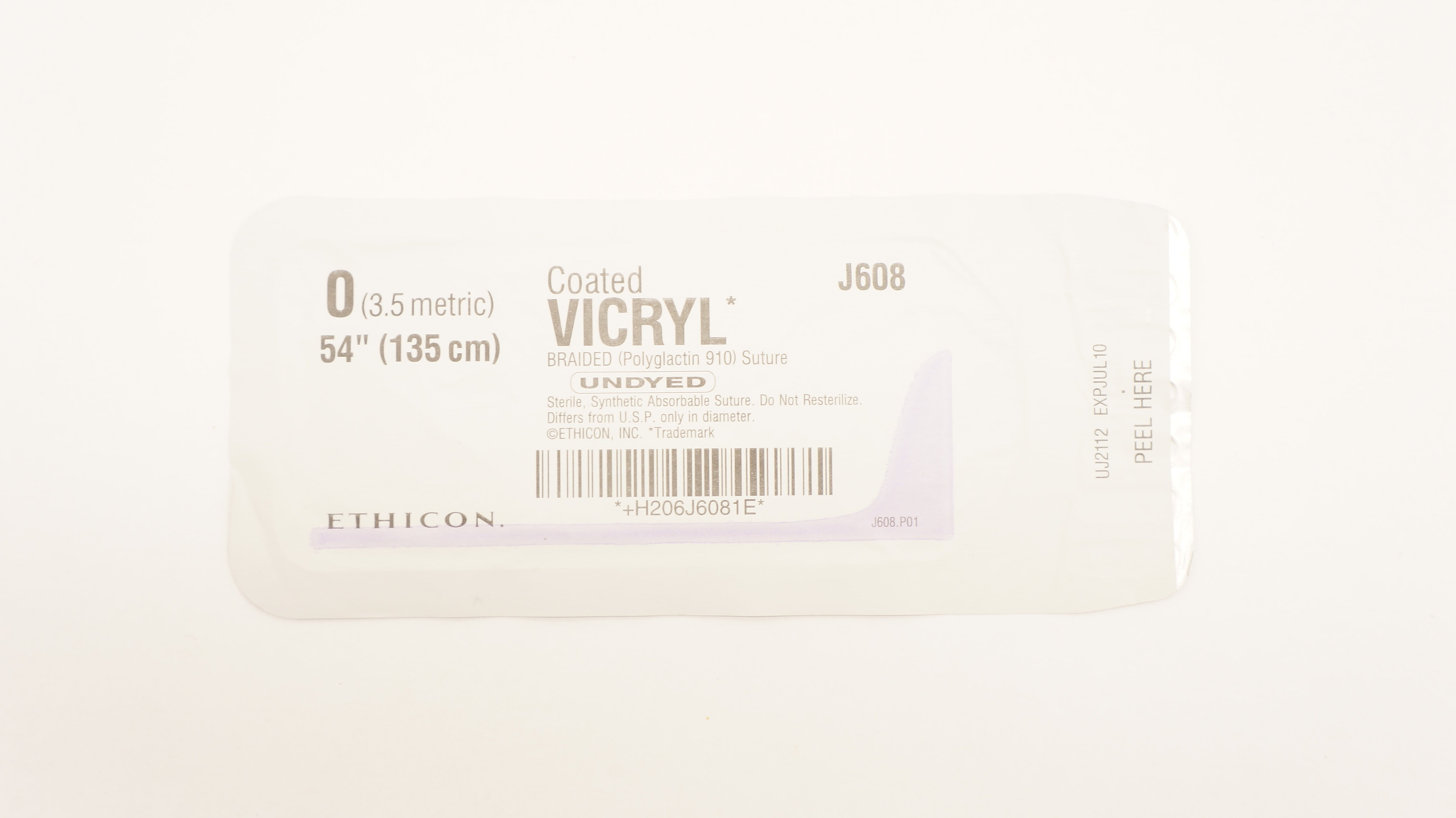 Ethicon J608 0 Coated VICRYL (Polyglactin 910) Stre Undyed Braided 54 inch (x)