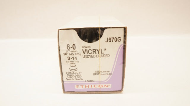 Ethicon J670G 6-0 Coated VICRYL Stre S-14 8mm 1/4c Spatula 18inch - Box of 12