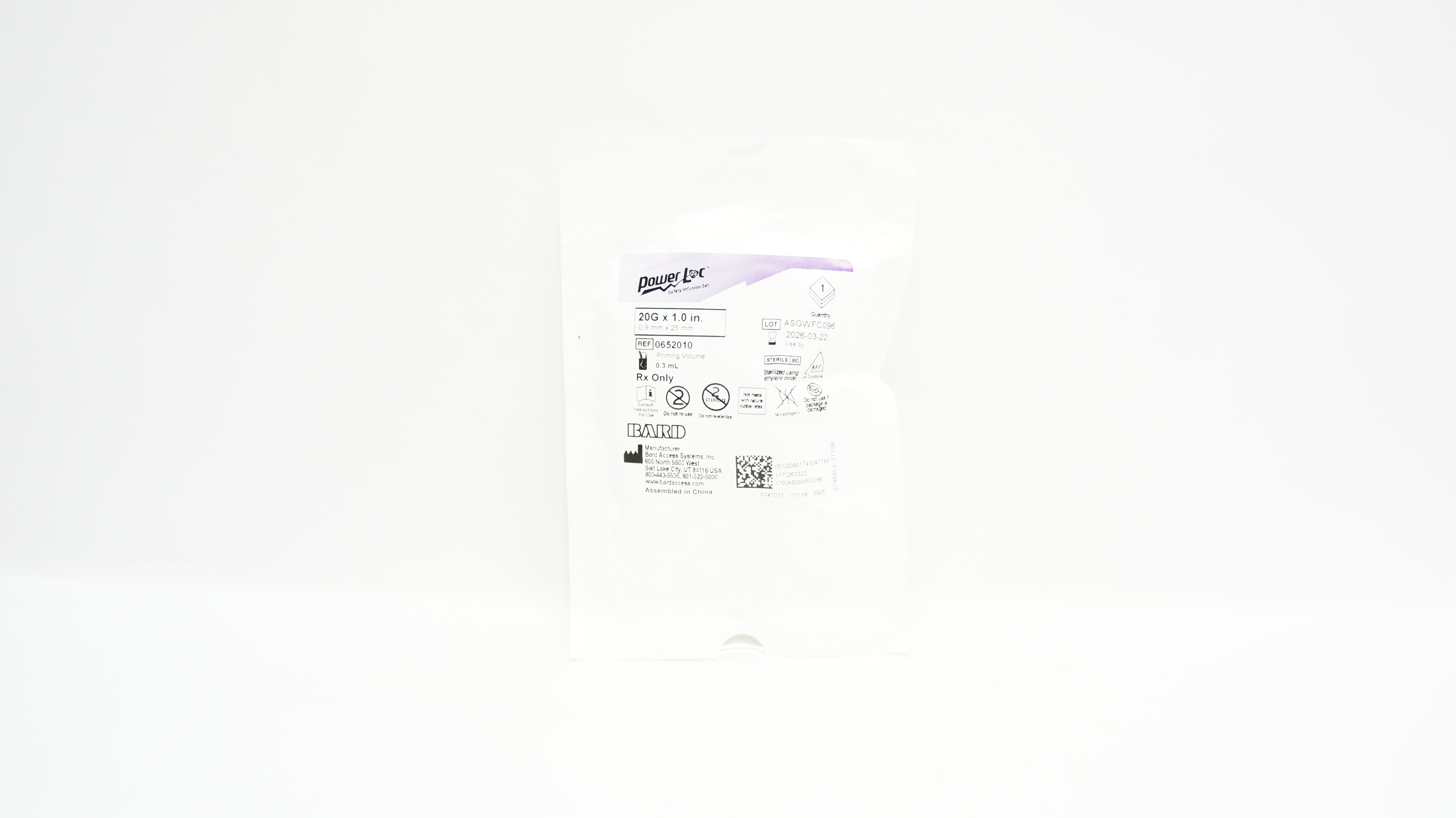 Bard 0652010 Power Loc Safety Infusion Set 20G x 1.0 inch, Priming Volume 0.3mL