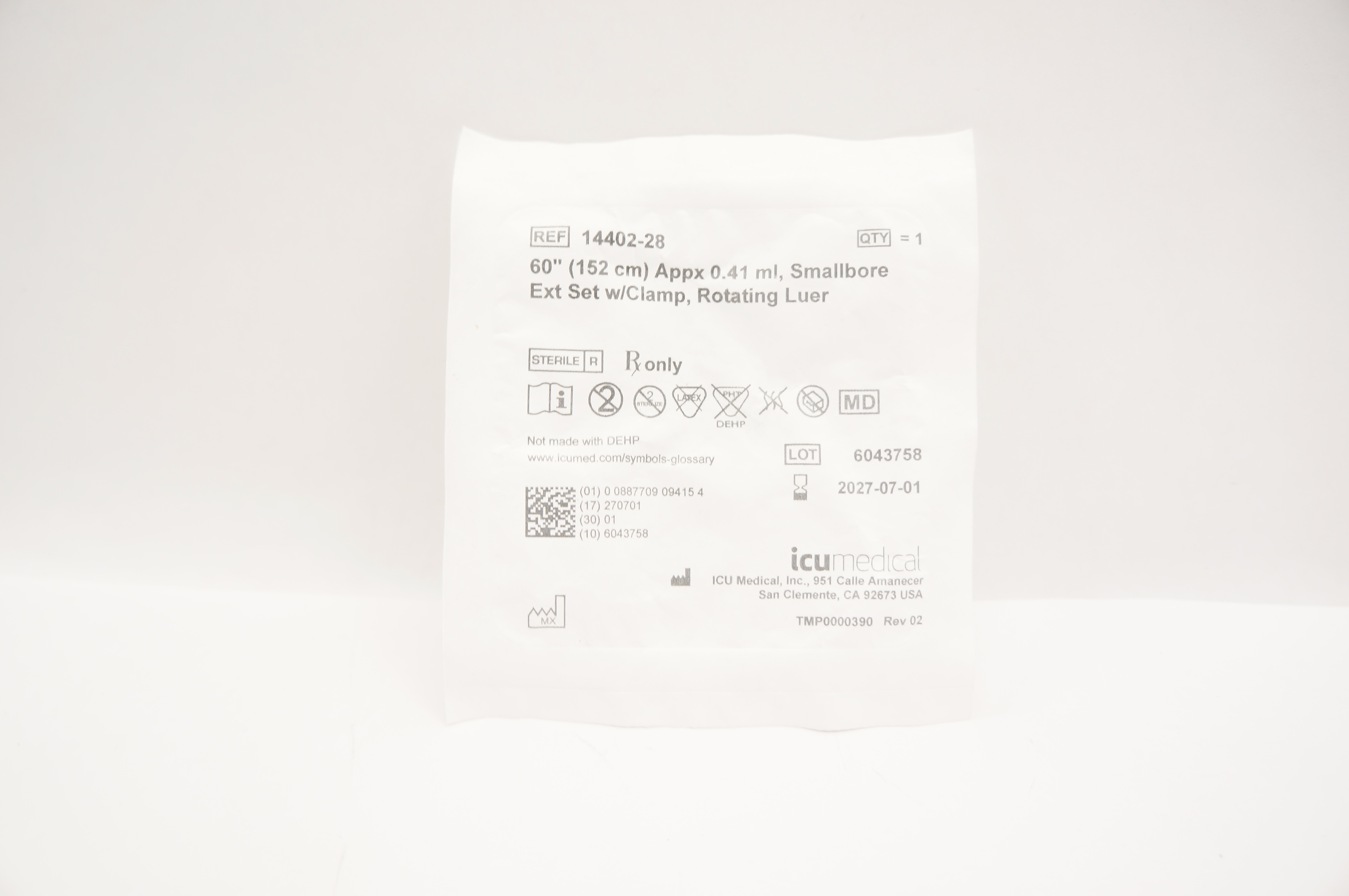 IcuMedical 14402-28 Smallbore Ext Set W/Clamp Rotating Luer 60inch Appx 0.41ml