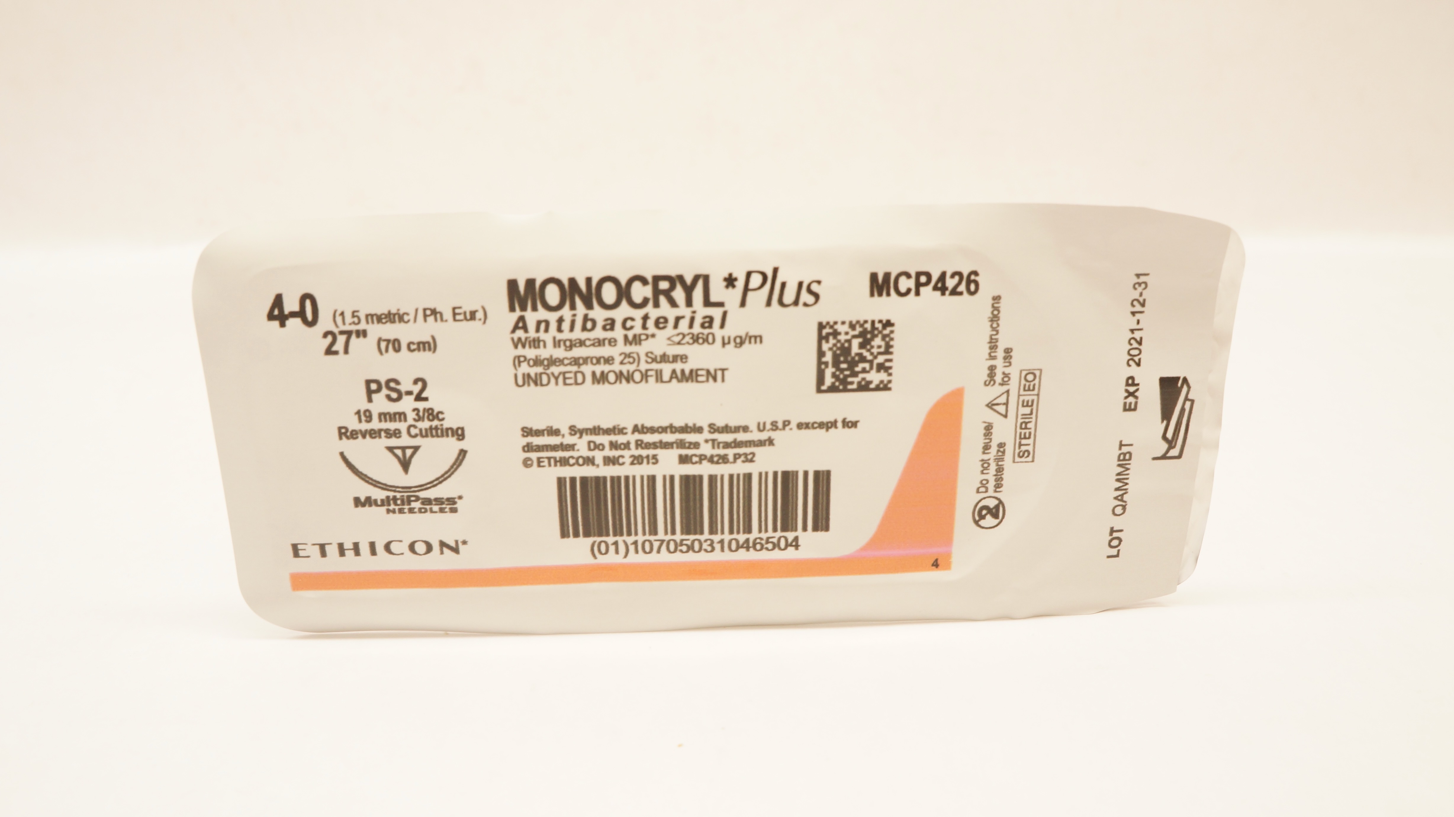 Ethicon MCP426 4-0 MONOCRYL Plus, PS-2, 19mm 3/8c Reverse Cutting, 27inch (x)