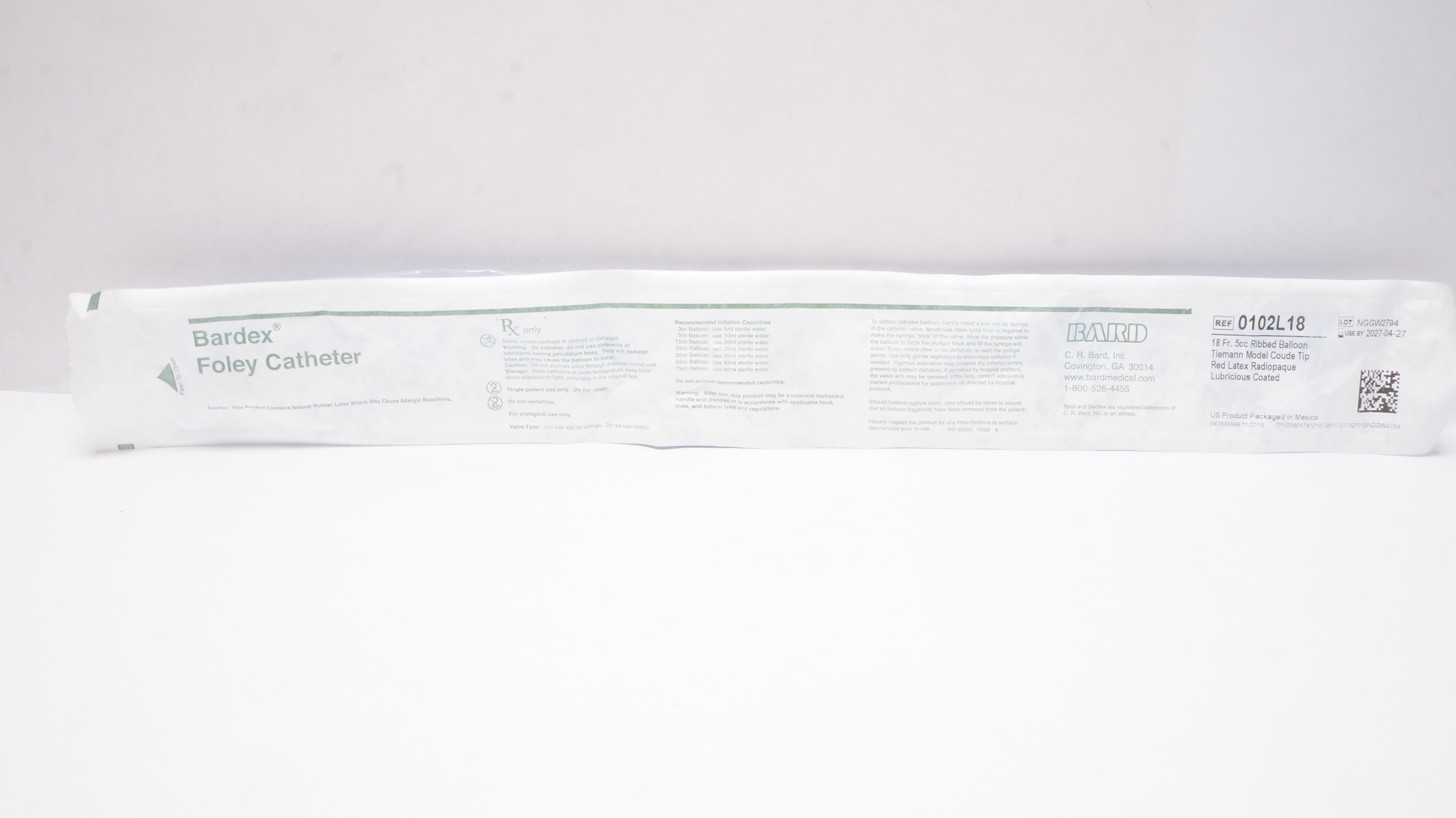 Bard 0102L18 Bardex Foley Cath. 18 Fr.,5 cc. Balloon