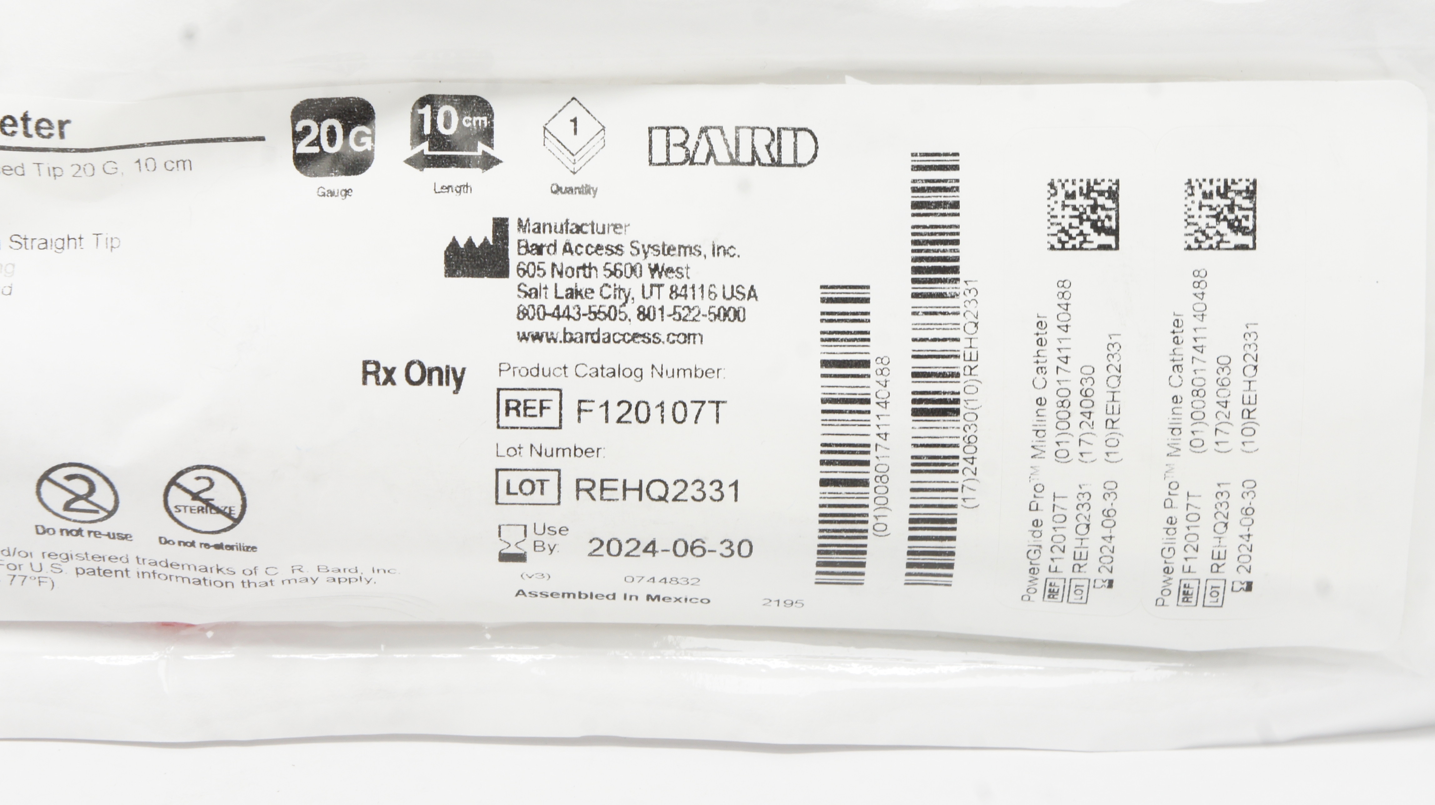 Bard F120107T PowerGlide Pro Midline Cath. 20G x 10cm