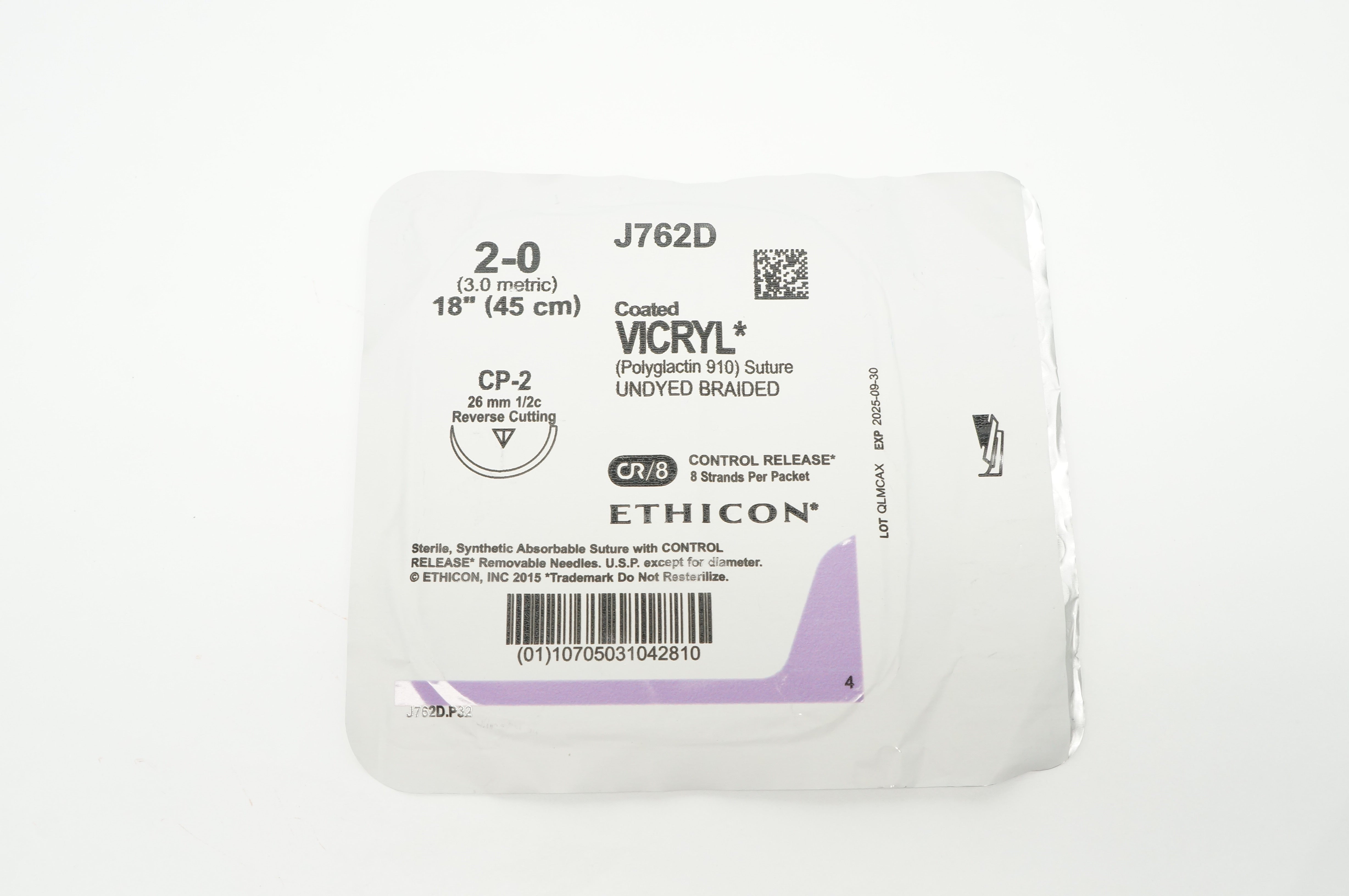 Ethicon J762D 2-0 Coated VICRYL CP-2 26mm 1/2c Reverse Cutting 18inch