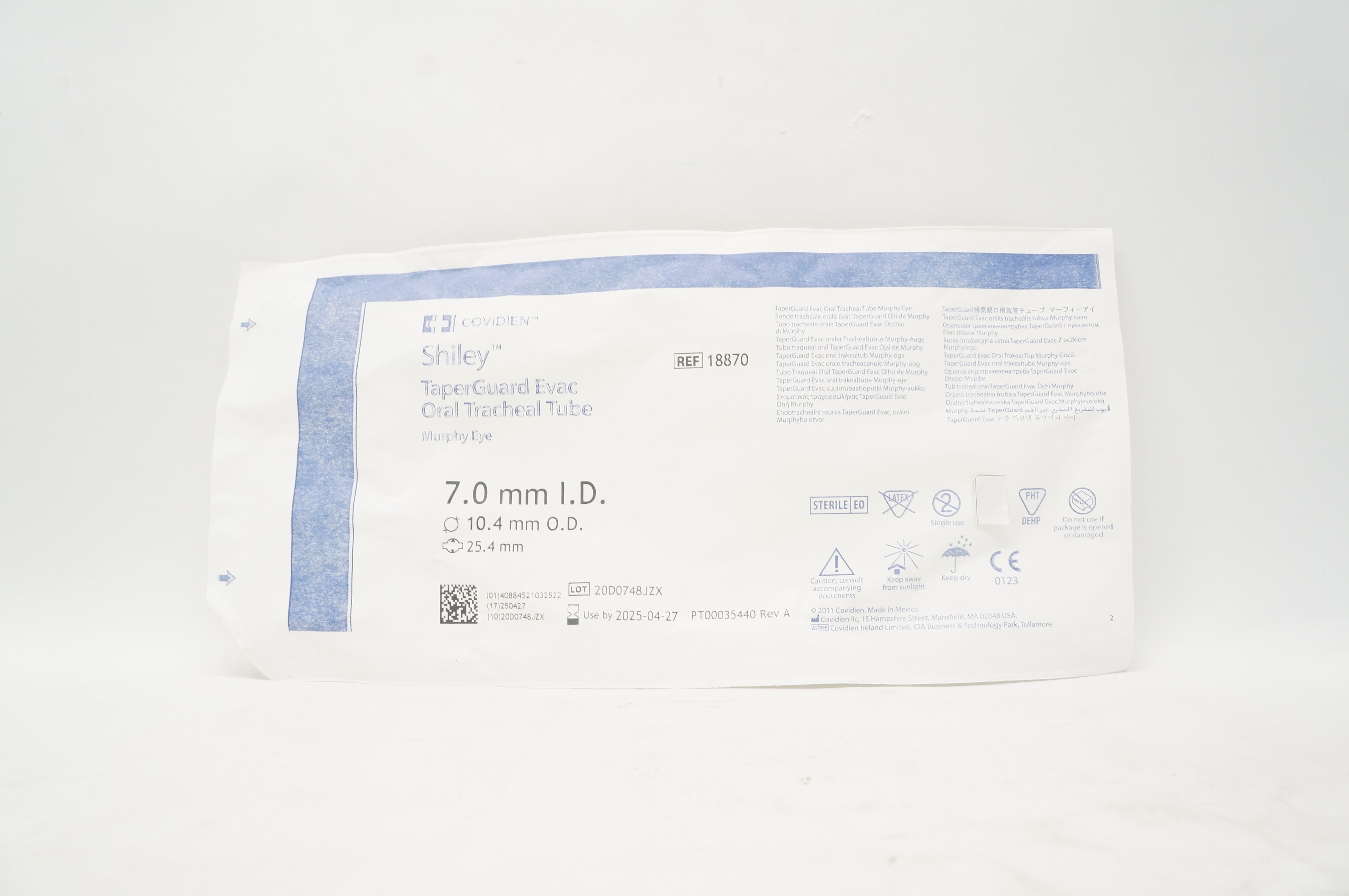 Covidien 18870 TaperGuard Evac Oral Tracheal Tube 7.0mm ID x 10.4mm OD x 25.4mm