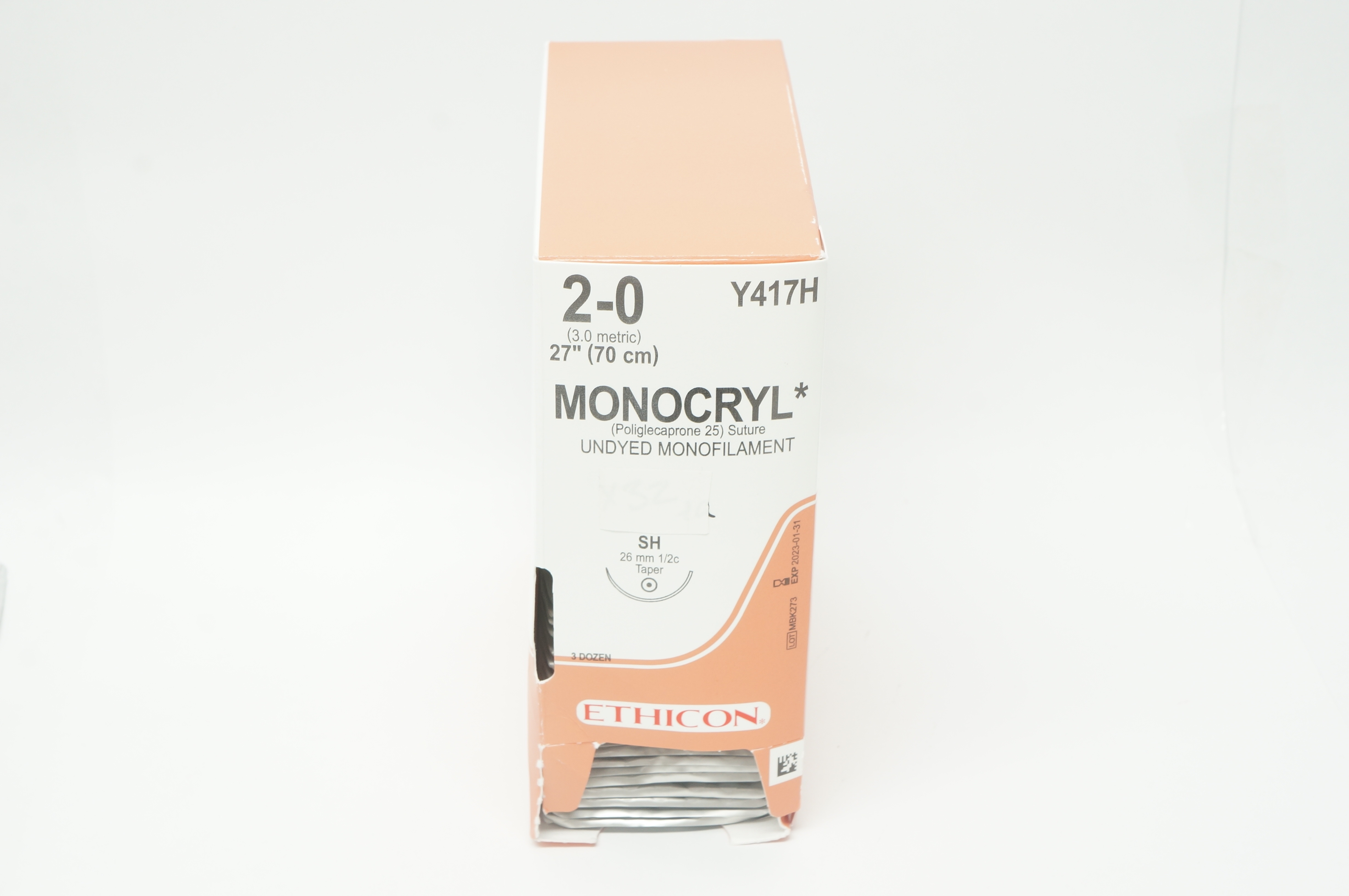 Ethicon Y417H 2-0 MONOCRYL Undyed SH 26mm 1/2c Taper, 27inch - Box of 36