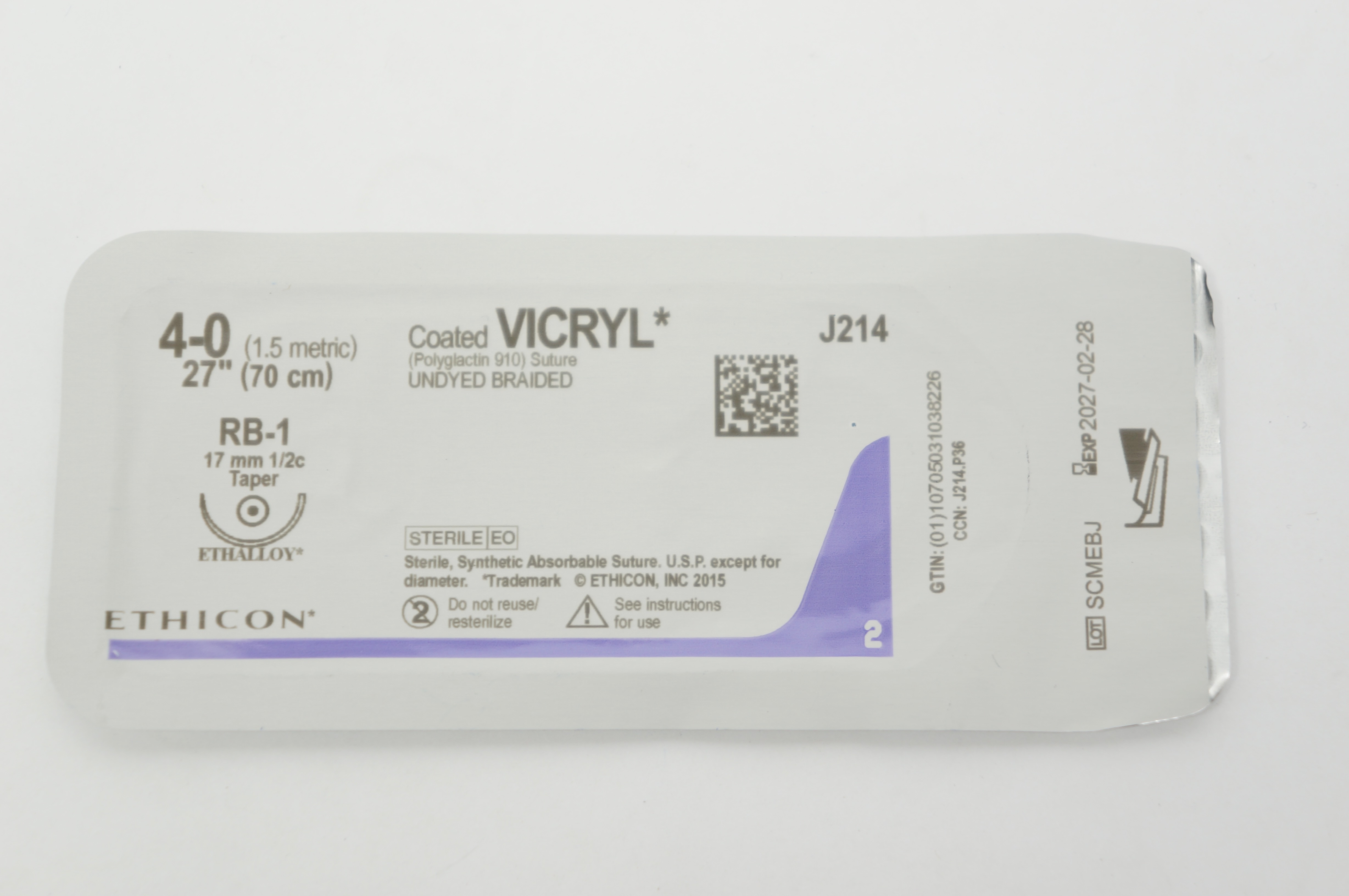 Ethicon J214 4-0 Coated Vicryl Undyed Braided, RB-1, Taper 17mm 1/2c, 27inch