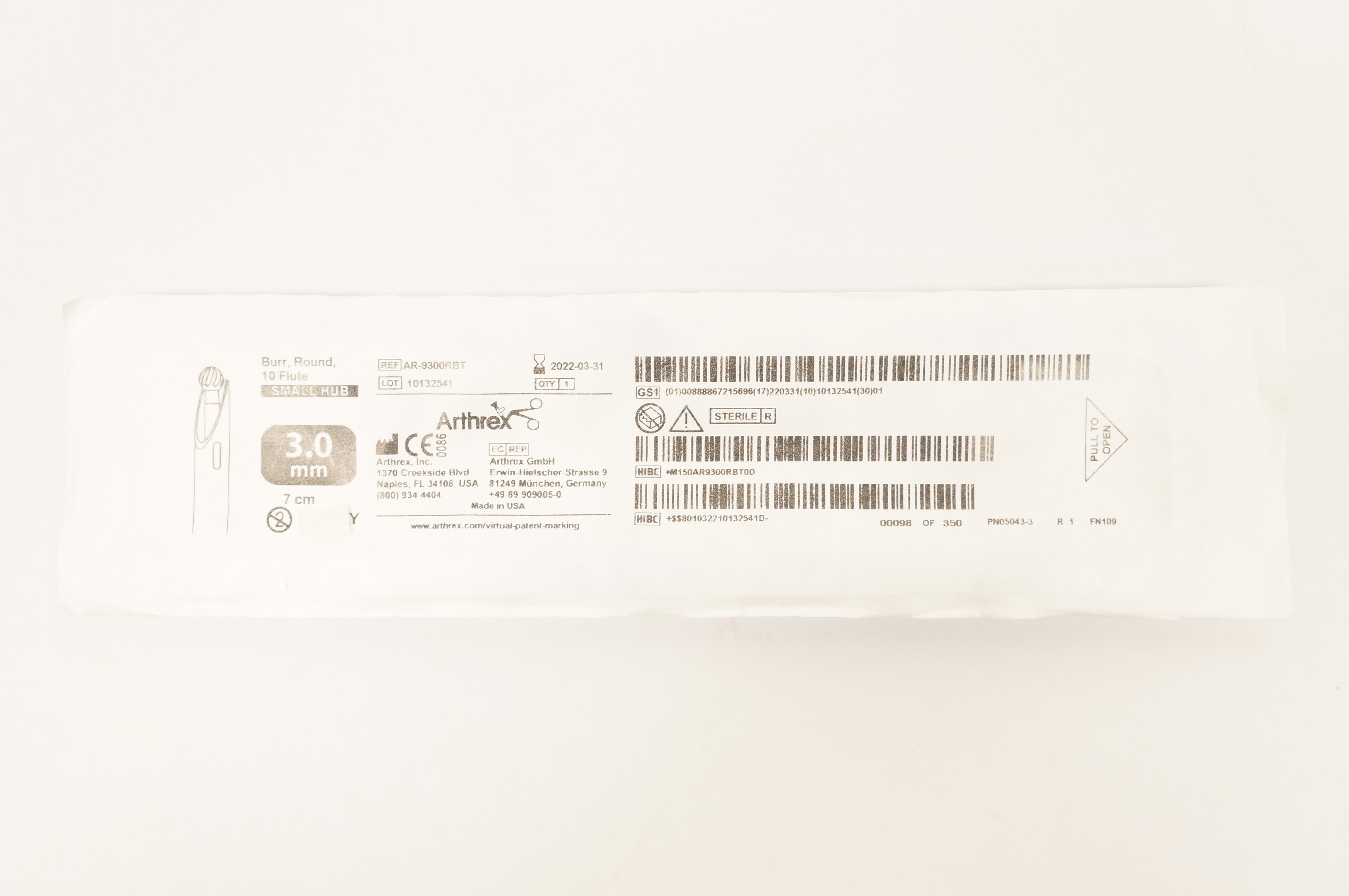 Arthrex AR-9300RBT Burr, Round, 10 Flute Small Hub 3.0mm x 7cm
