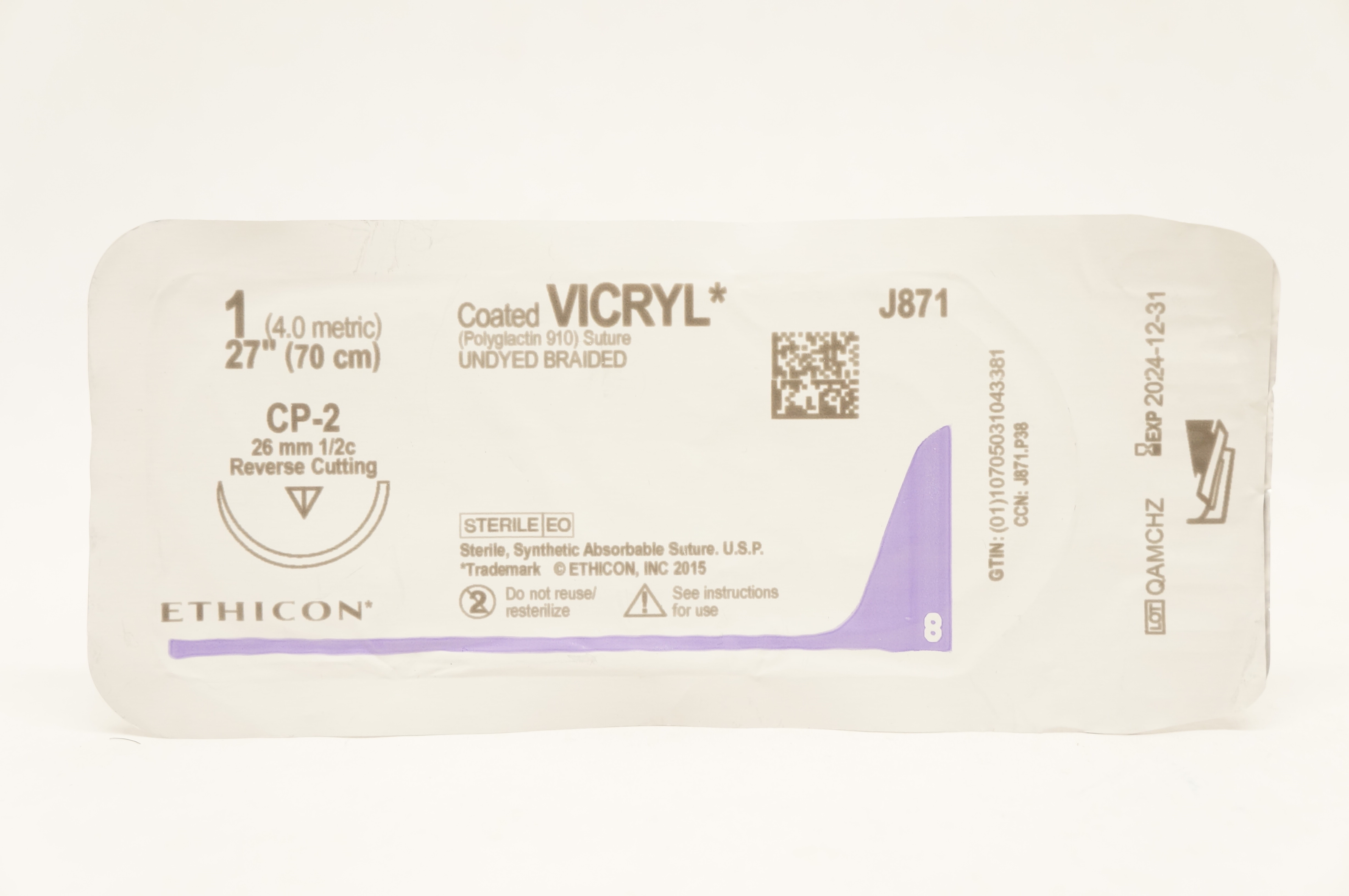 Ethicon J871 1 Coated VICRYL Stre, CP-2 26mm 1/2c Reverse Cutting, 27inch