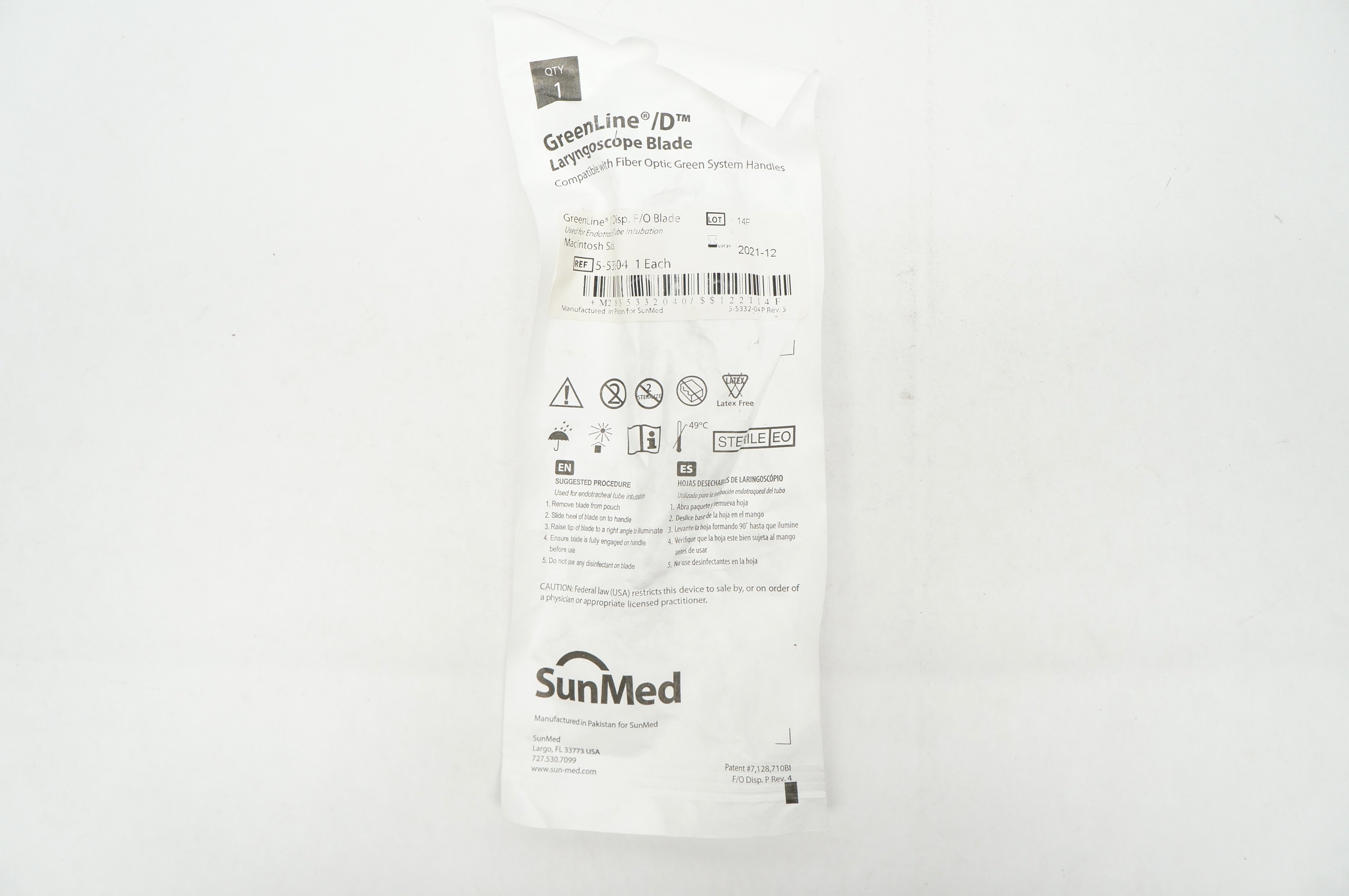 SunMed 5-5332-04 GreenLine D Fiber Optic Laryngoscope Macintosh Size 4 (x)