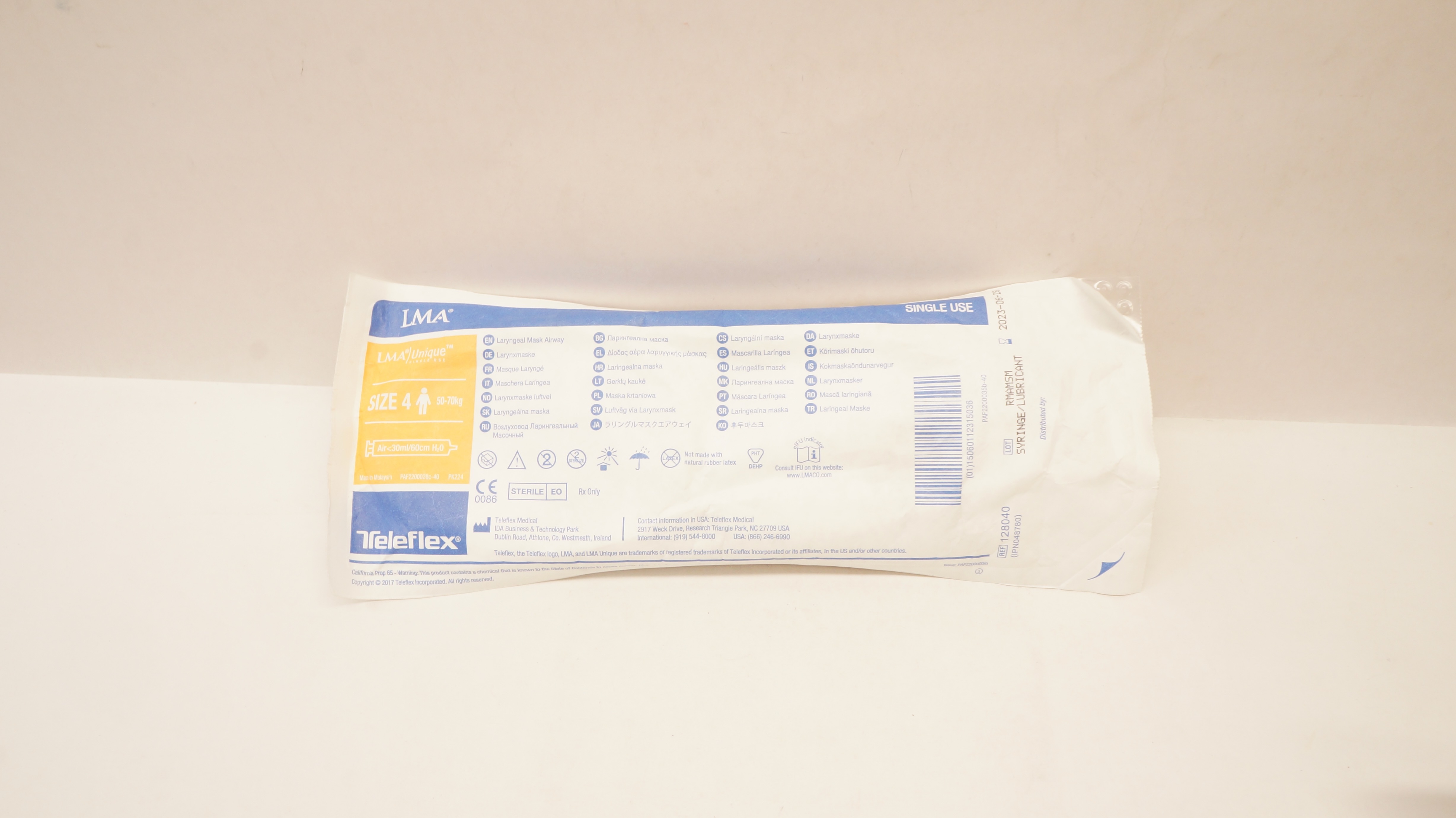 Teleflex 128040 Unique Laryngeal Mask Airway Size4 50-70kg Air<30ml/60cm H2O(x)