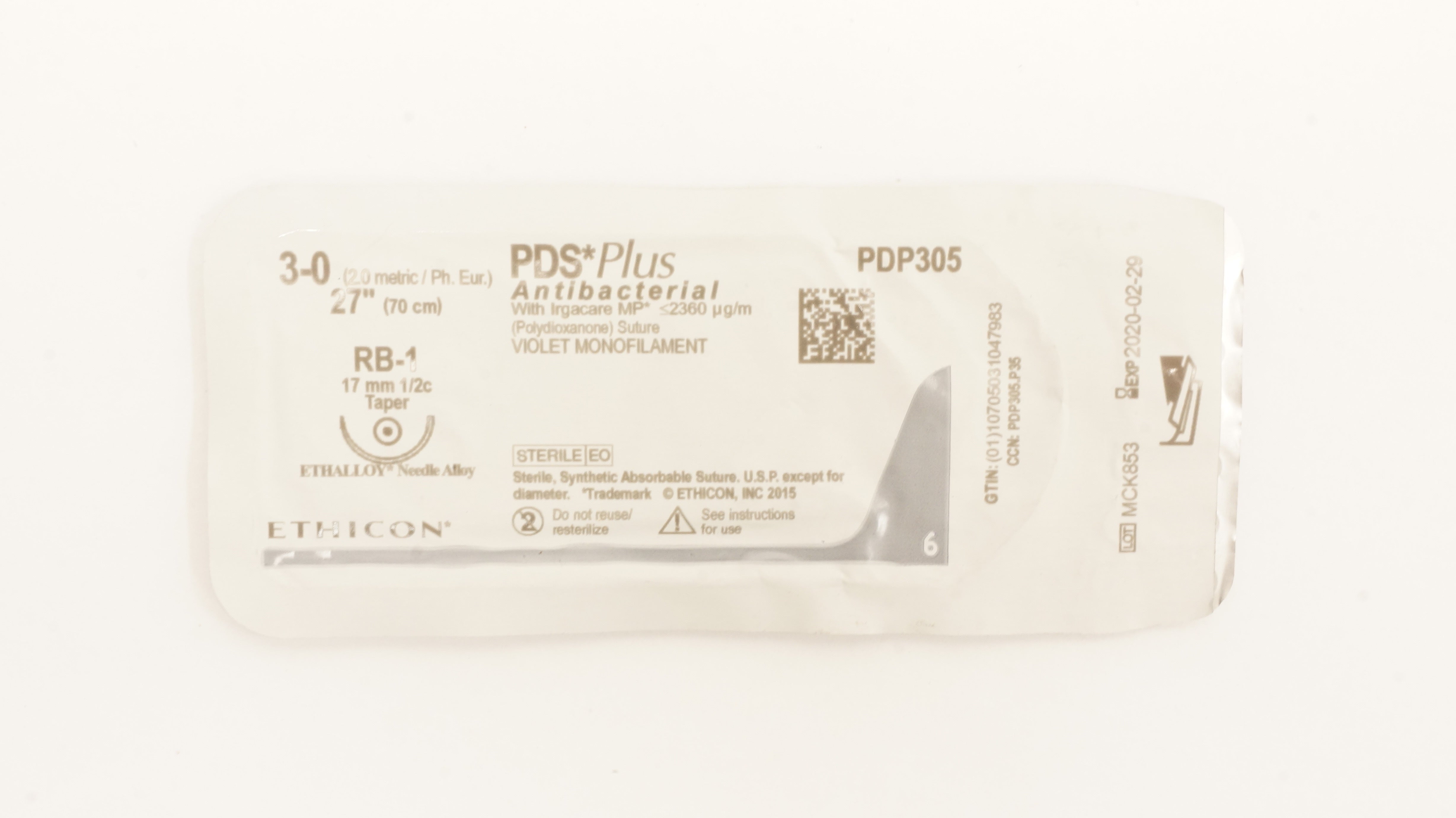 Ethicon PDP305 3-0 PDS Plus Antibacterial Stre RB-1 17mm 1/2c Taper, 27inch (x)