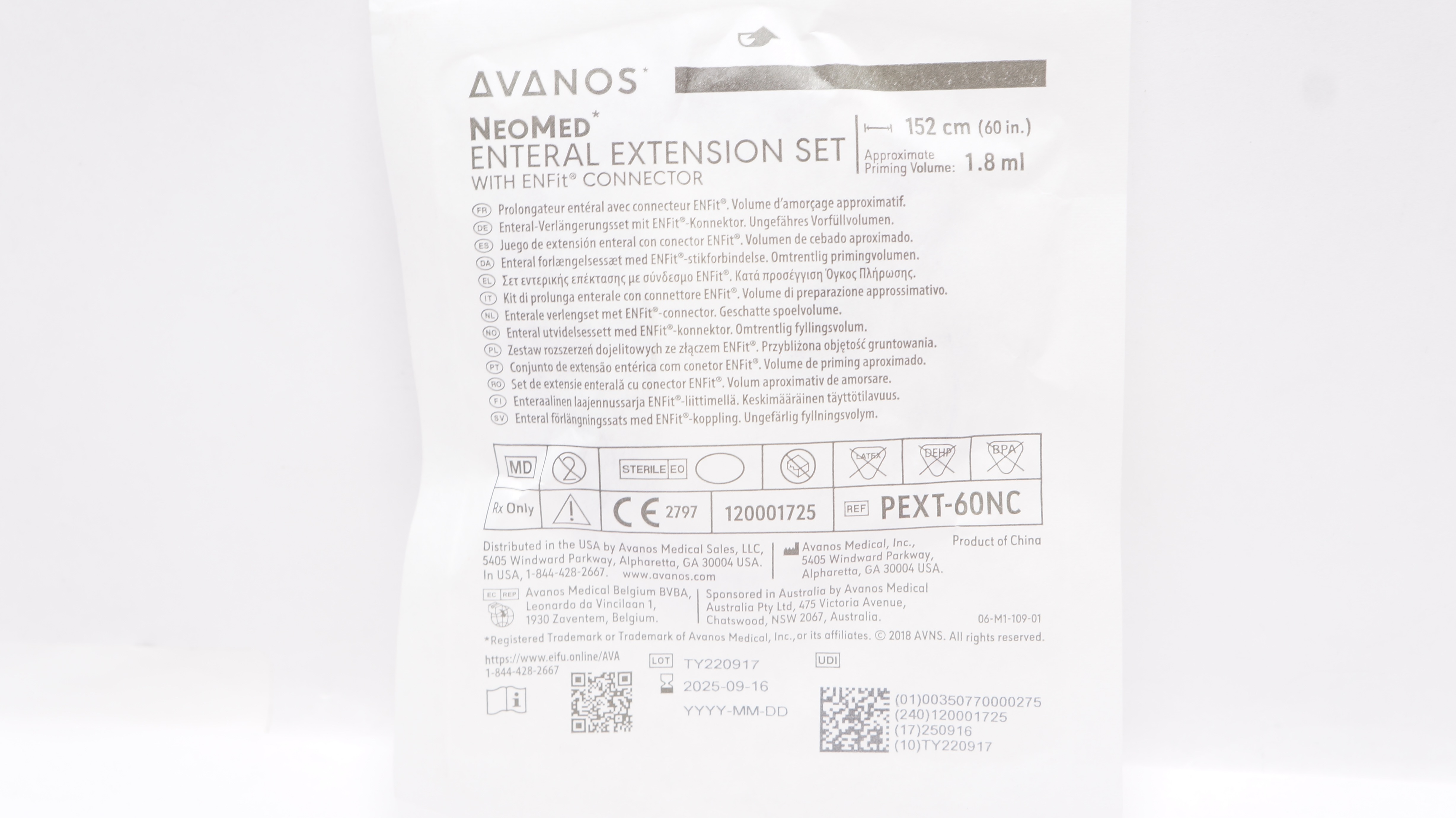 Avanos PEXT-60NC NeoMed Enteral Extension Set w/ENFIT Connector 60inch x 1.8ml
