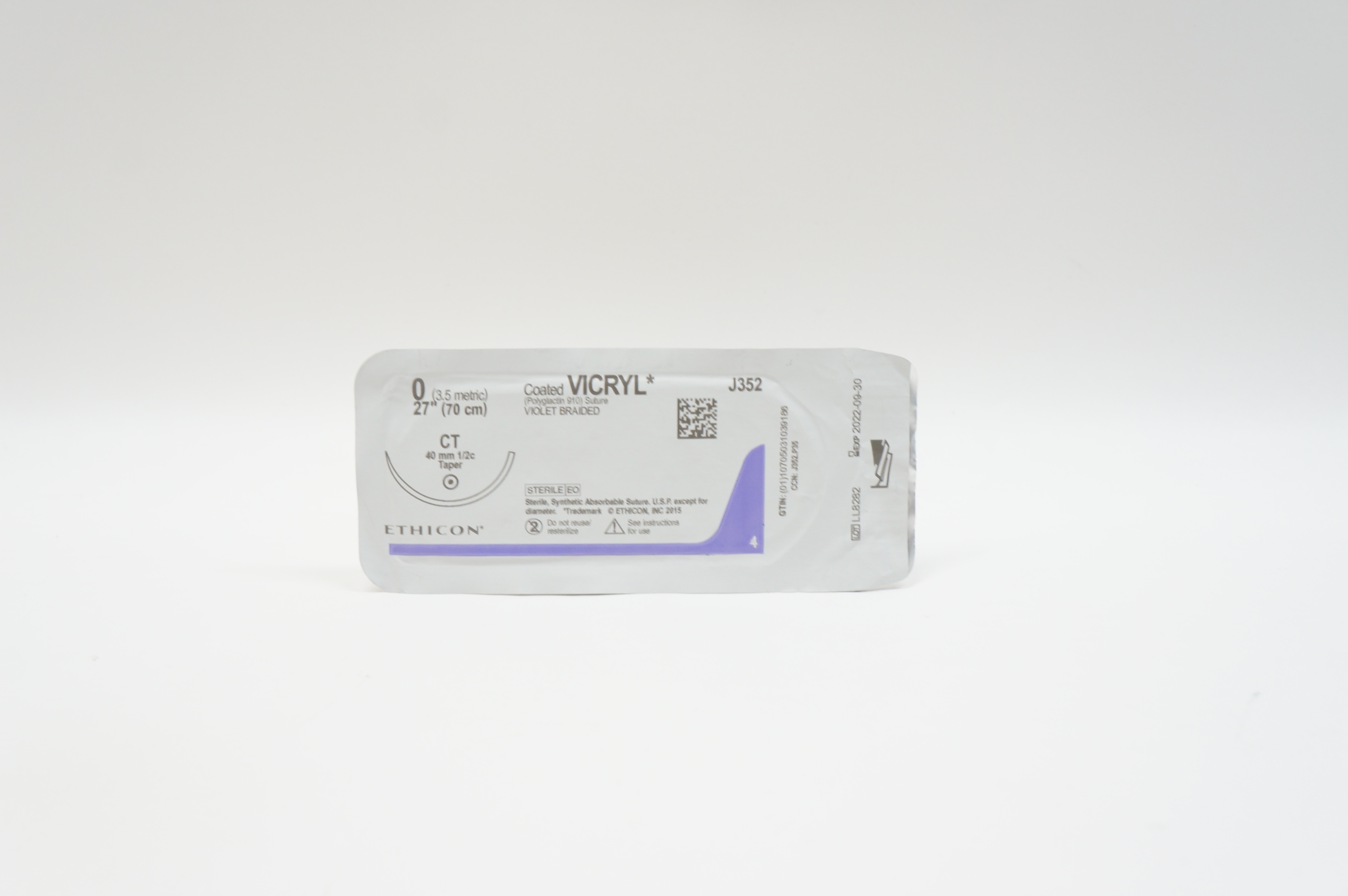 Ethicon J352 0 VICRYL, CT, 40mm 1/2c Taper, 27inch