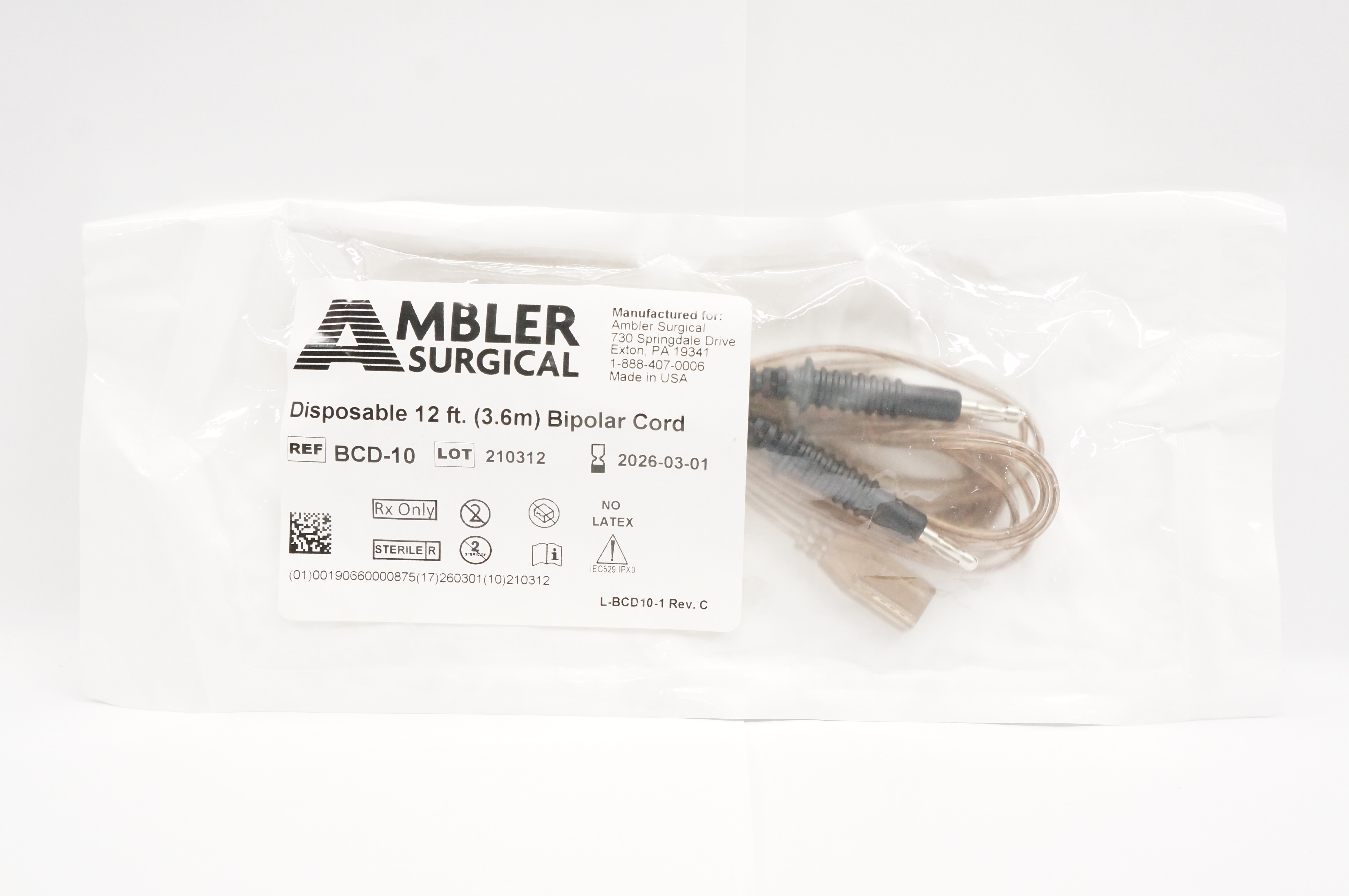 Ambler Surgical BCD-10 Disposable 12ft. Bipolar Cord