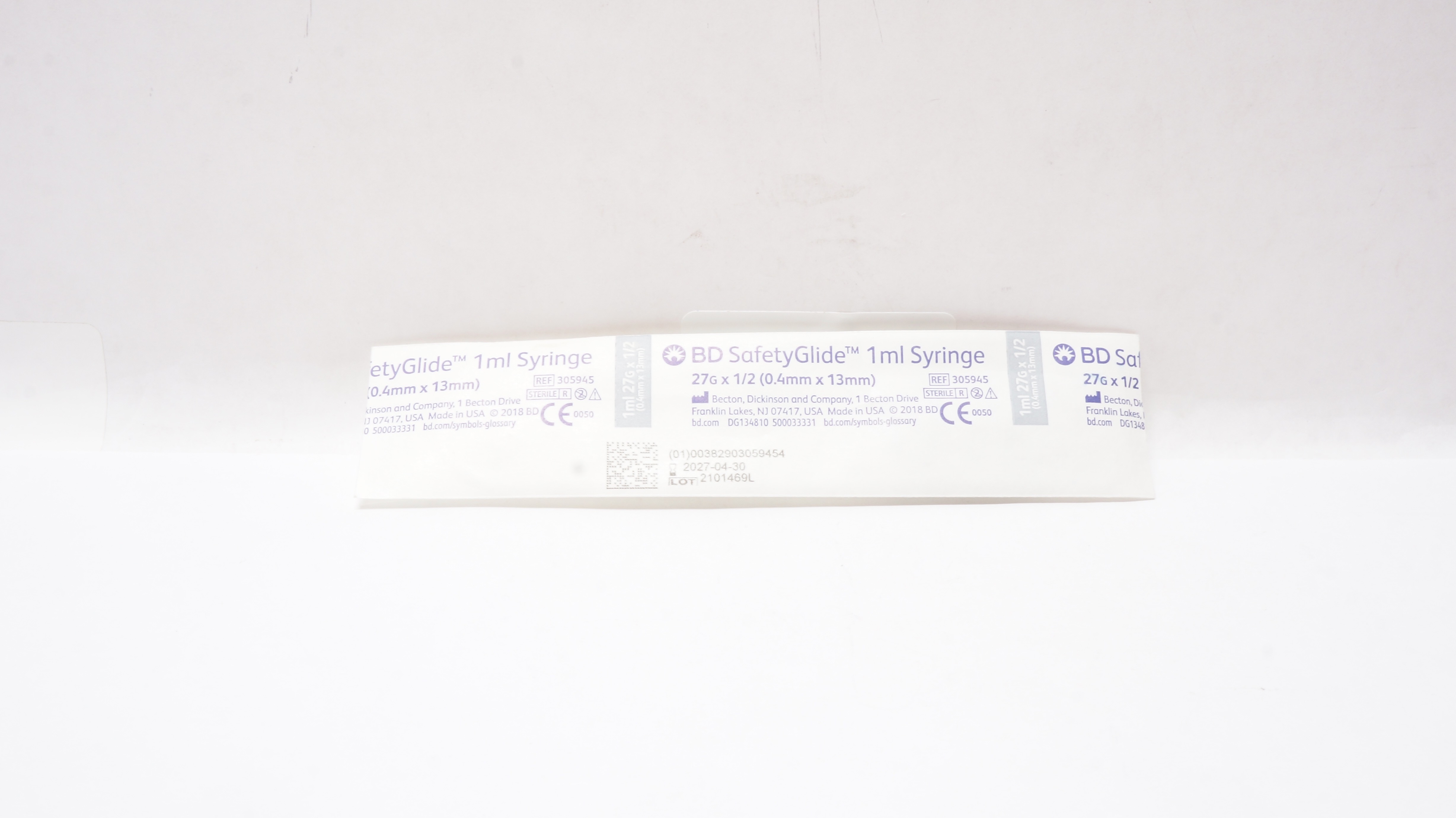 BD 305945 SafetyGlide Syringe 1mL, 27G x 1/2inch