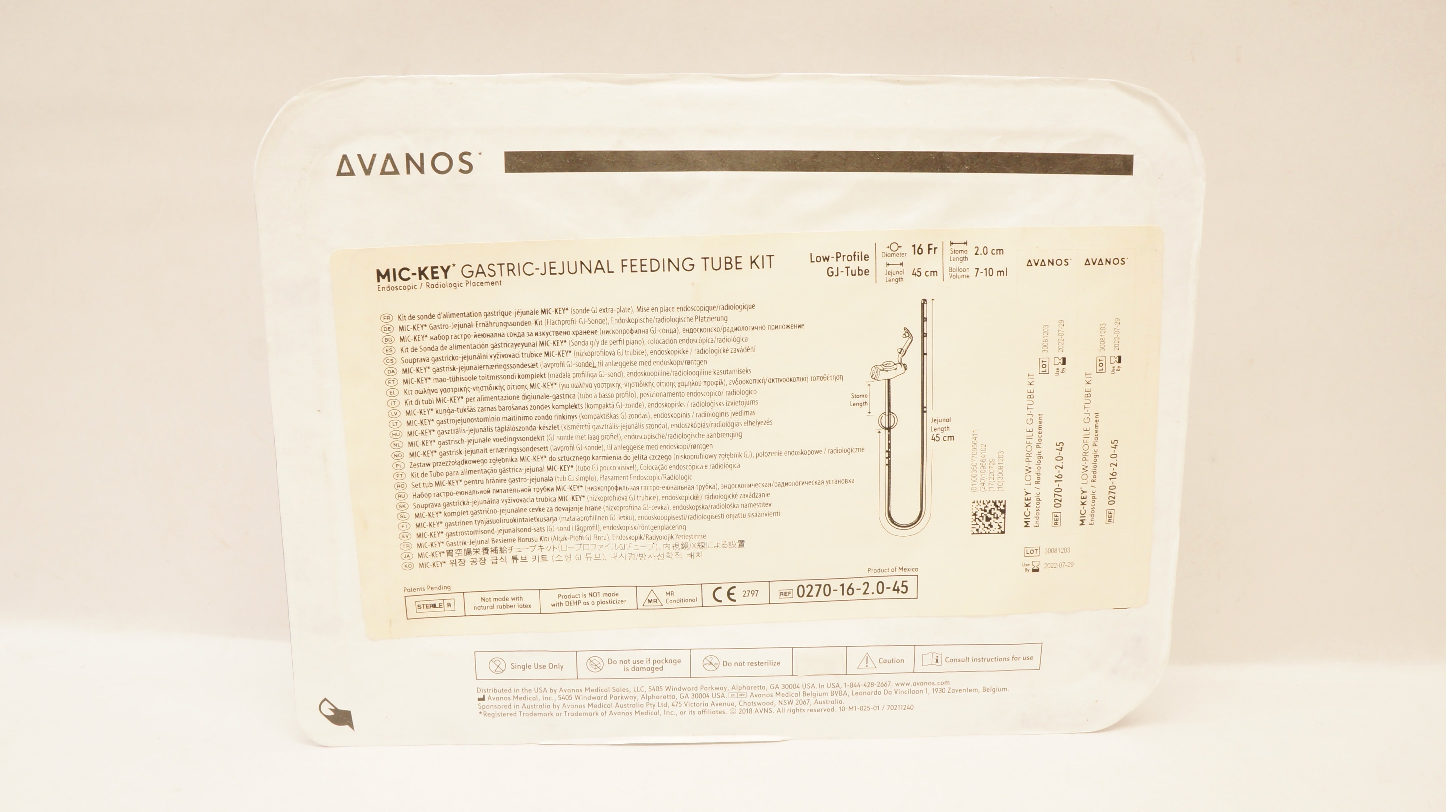 Avanos 0270-16-2.0-45 Mic-Key Gastric-Jejunal Feeding Tube Kit 16Fr x 45cm (x)