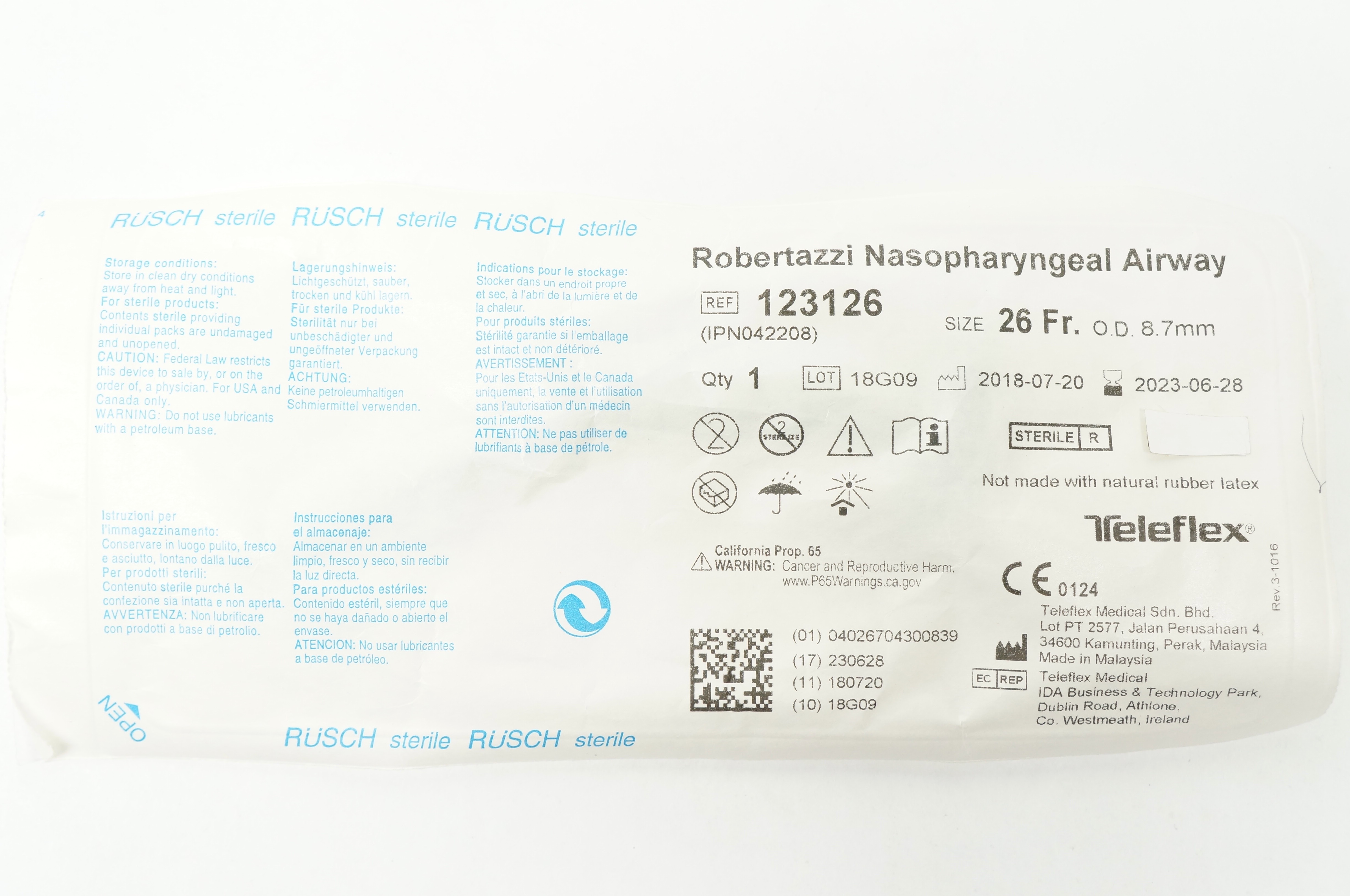 Teleflex 123126 Rusch Robertazzi Nasopharyngeal Airway 26Fr x 8.7mm O.D.