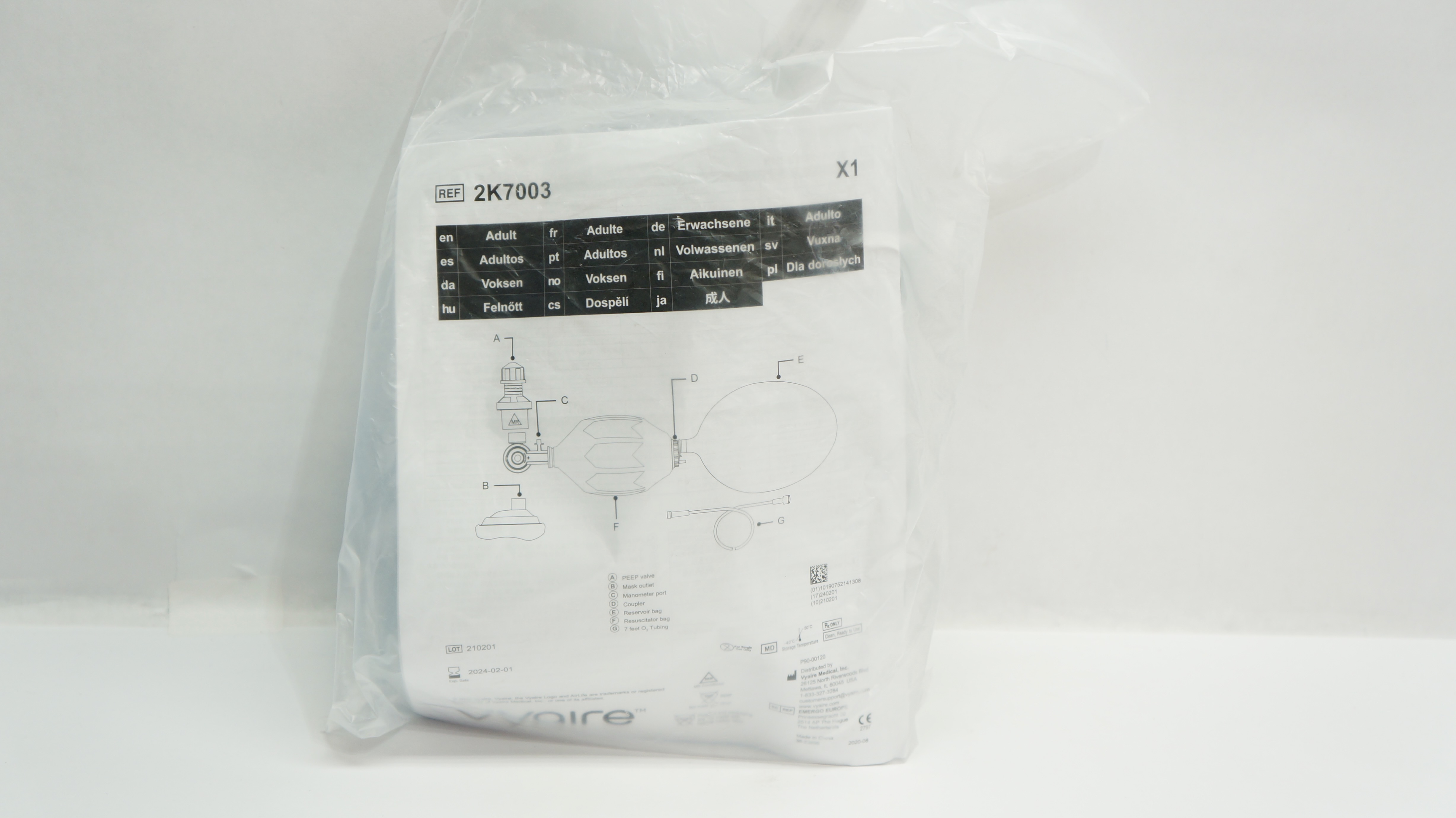 Vyaire 2K7003 Adult Manual Resuscitator,Oxygen Reservoir,Adult Mask,7F O2 Tubing