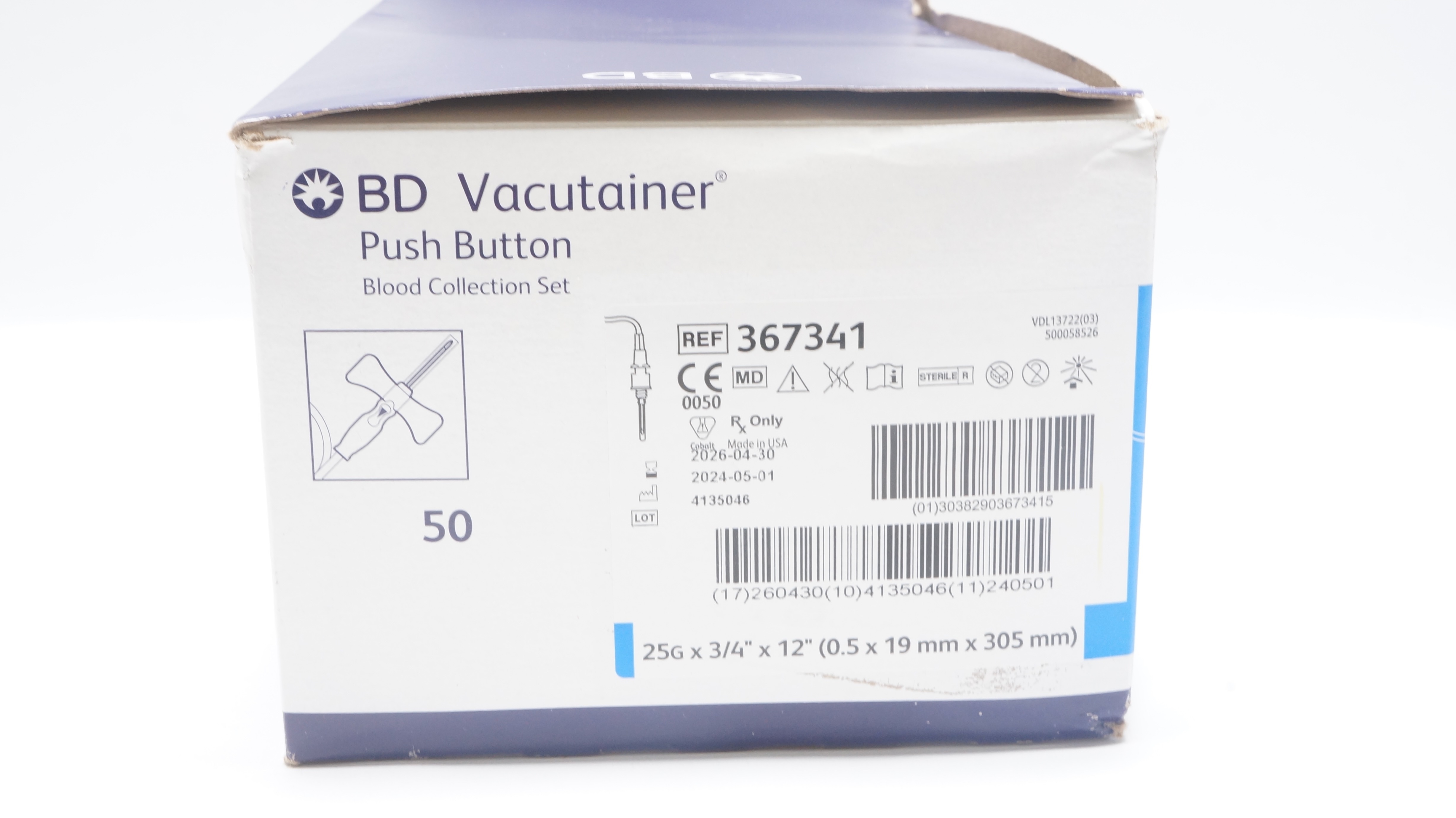 BD 367341 Vacutainer Push Button Blood Collection Set 25Gx3/4x12inch - Box of 34