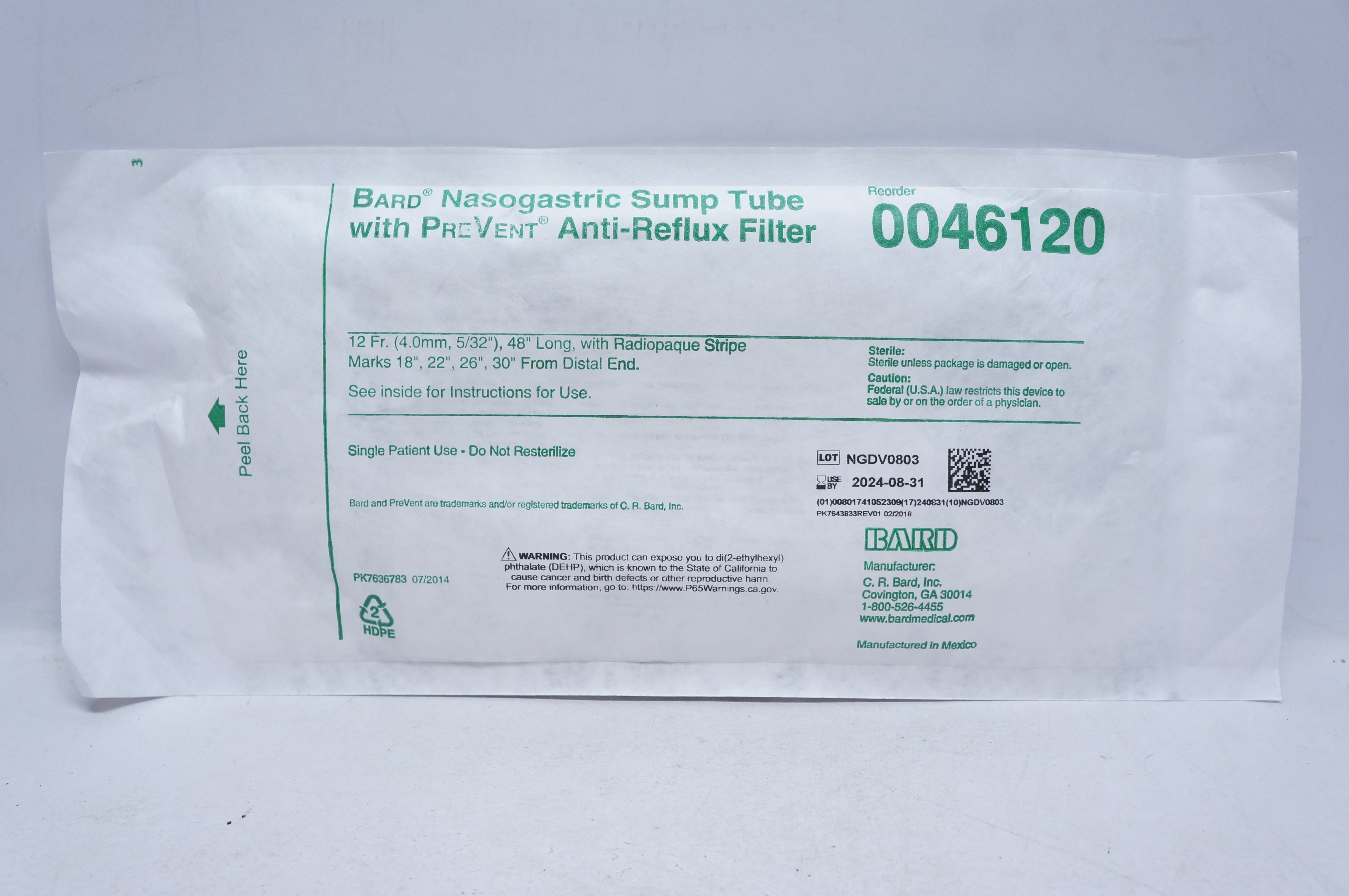 Bard 0046120 Nasogastric Sump Tube 12Fr., 48inch - Box of 50