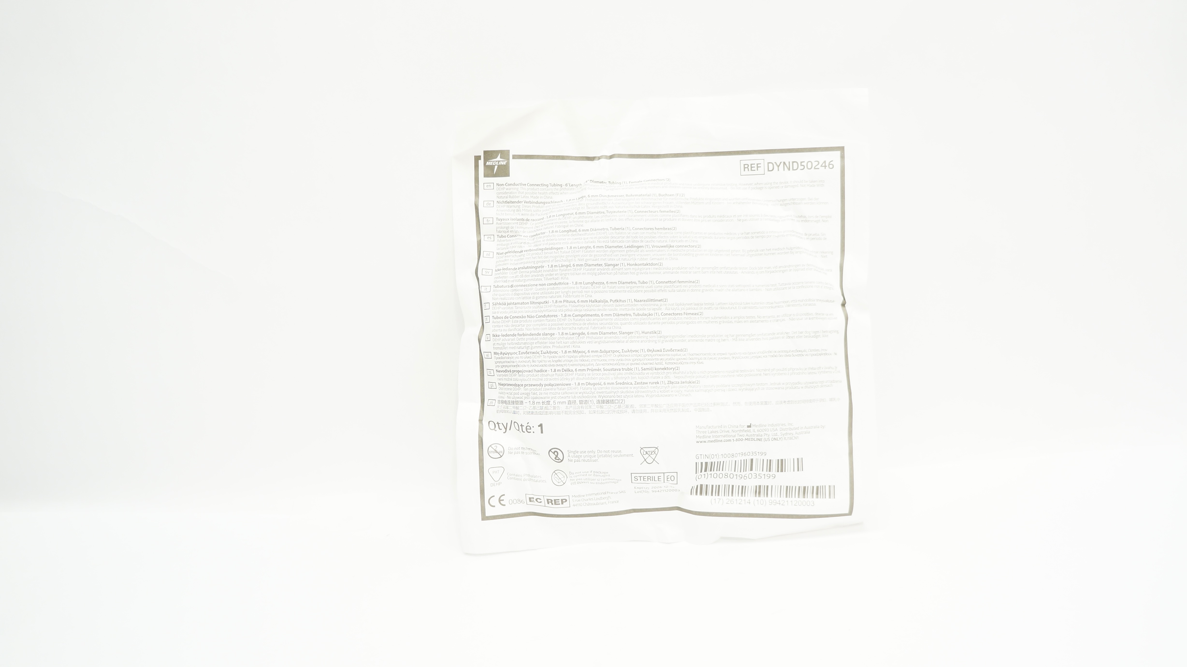 Medline DYND50246 Non-Conductive Connecting Tubing 6Ft. x 1/4inch, Connectors