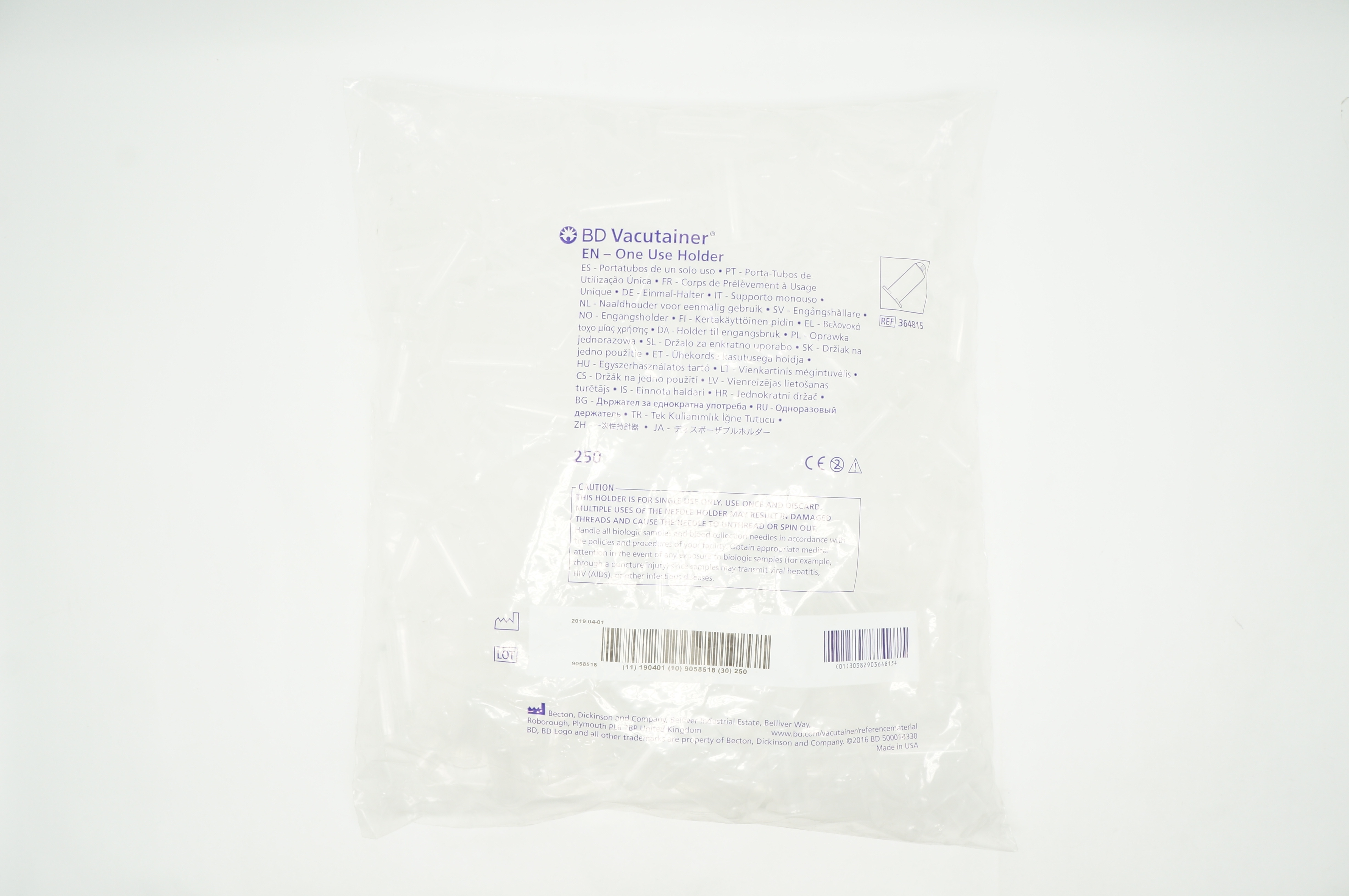 BD 364815 Vacutainer One Use Holder - Pack of 250