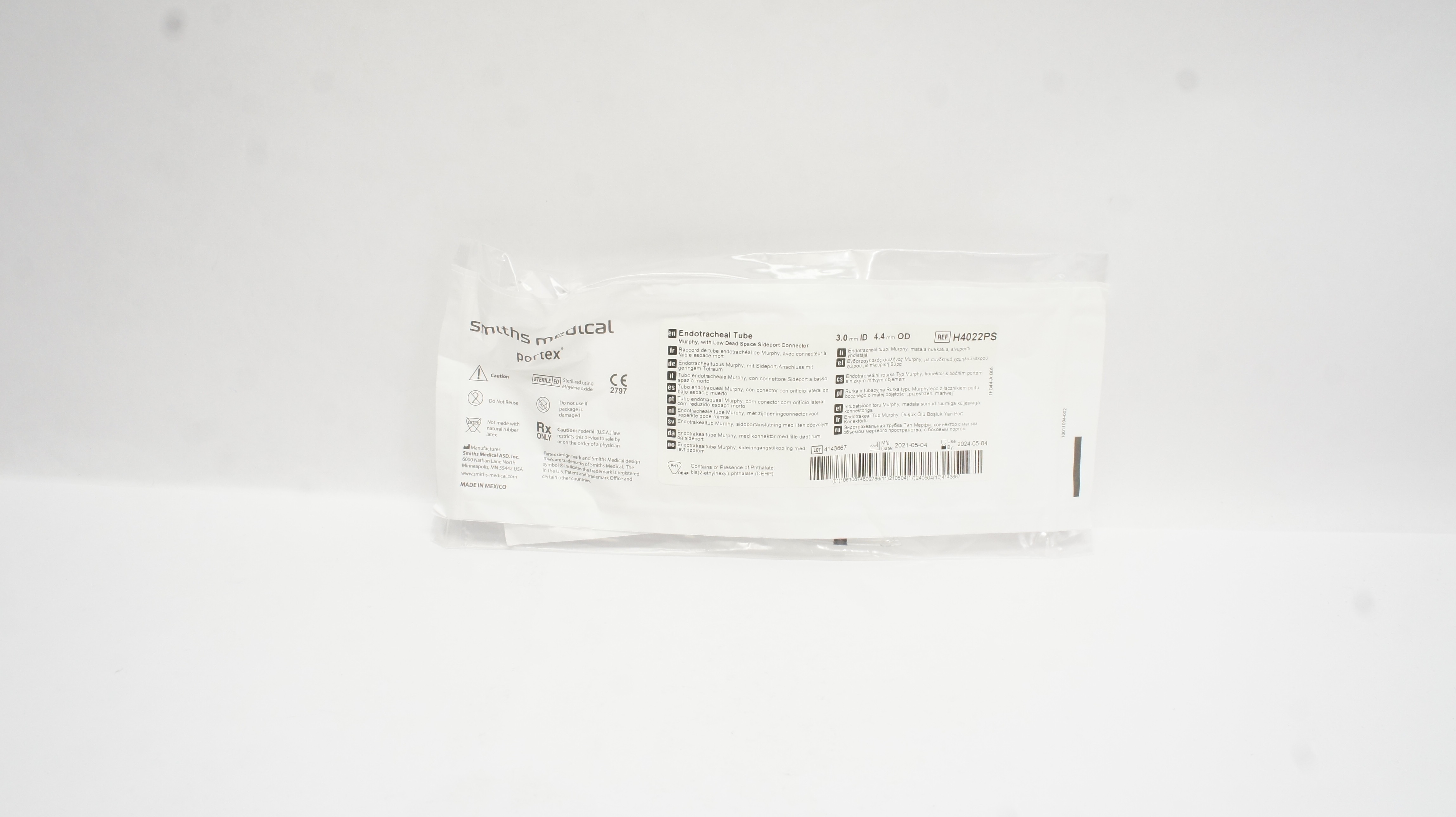 Smiths Medical H4022PS Portex Endotracheal Tube Murphy, 3.0 mm ID x 4.4 mm OD