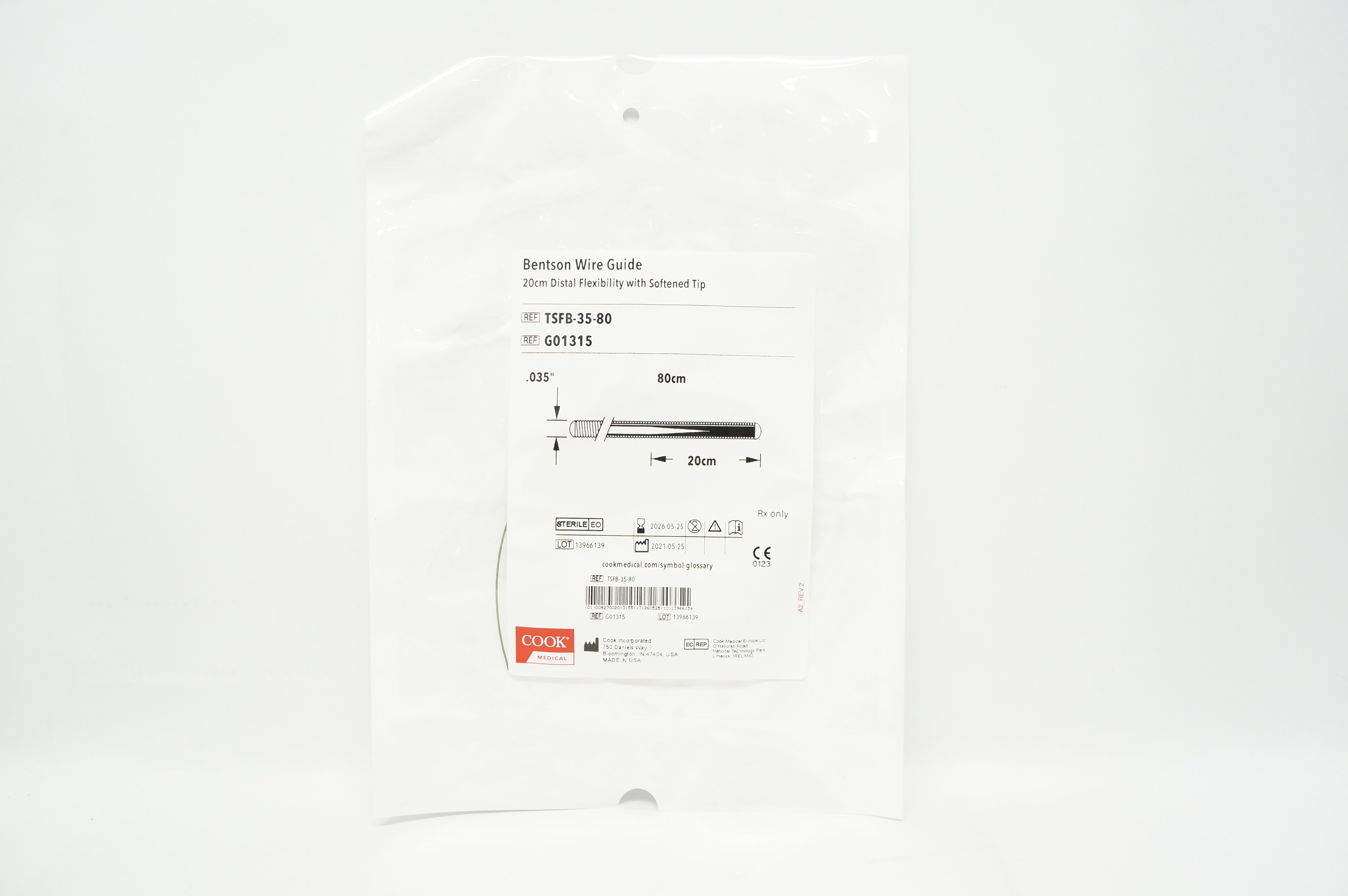 Cook Medical TSFB-35-80 Bentson Wire Guide .035in. x 80cm x  20cm