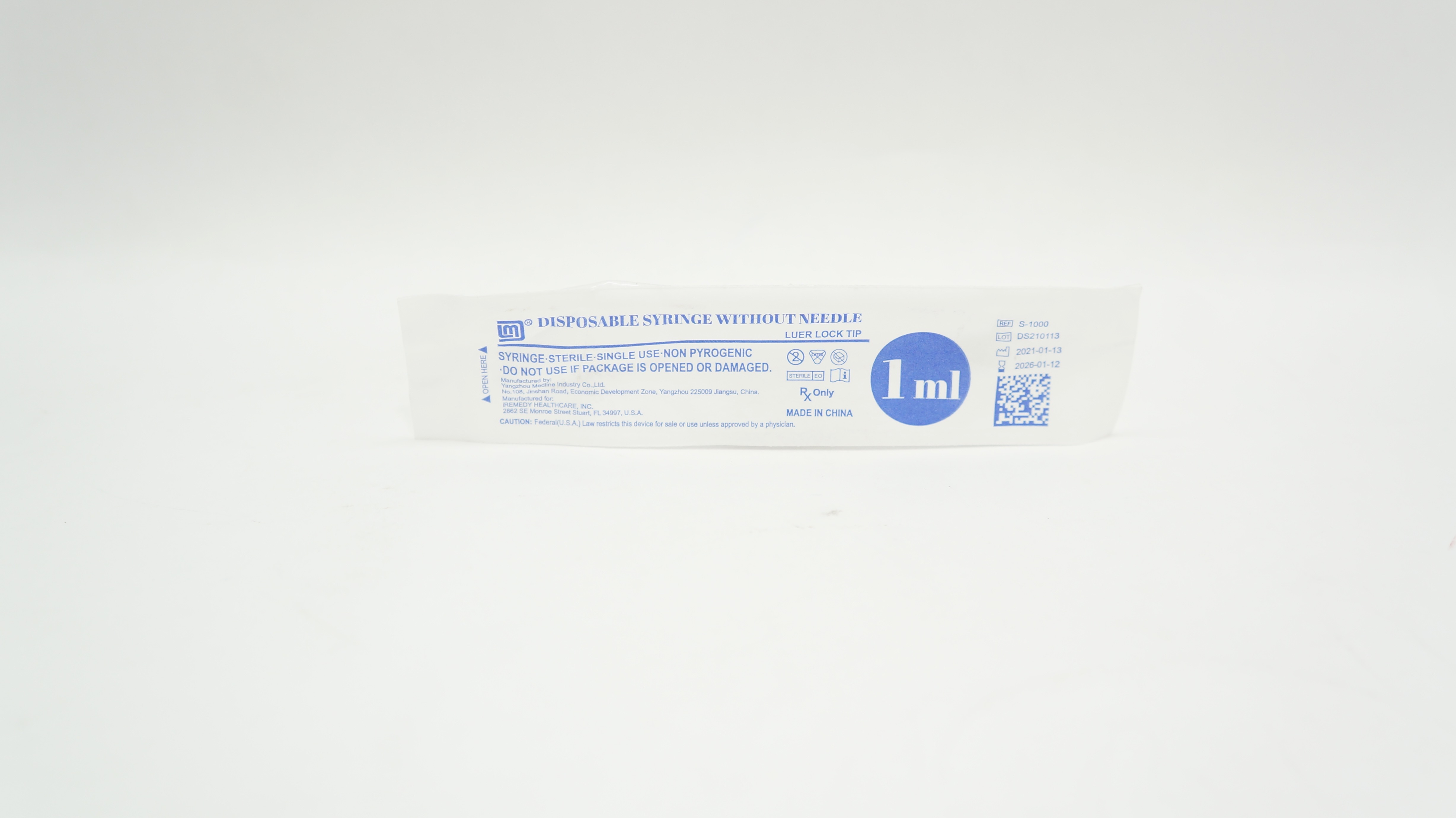 Yangzhou Medline S-1000 1mL Luer Lock Syringe Without Ndle