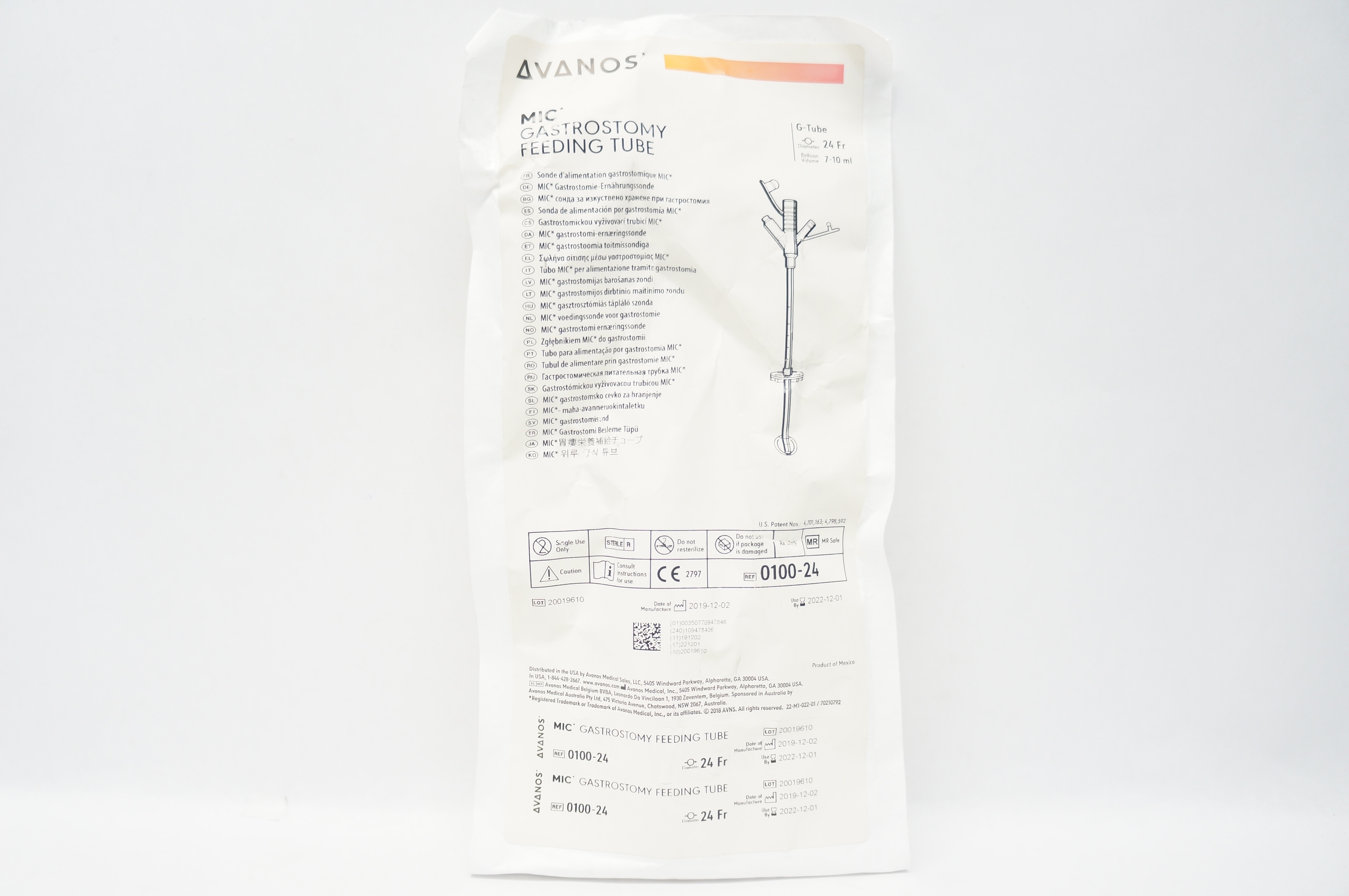 Avanos 0100-24 MIC Gastrostomy Feeding Tube 24Fr 7-10ml
