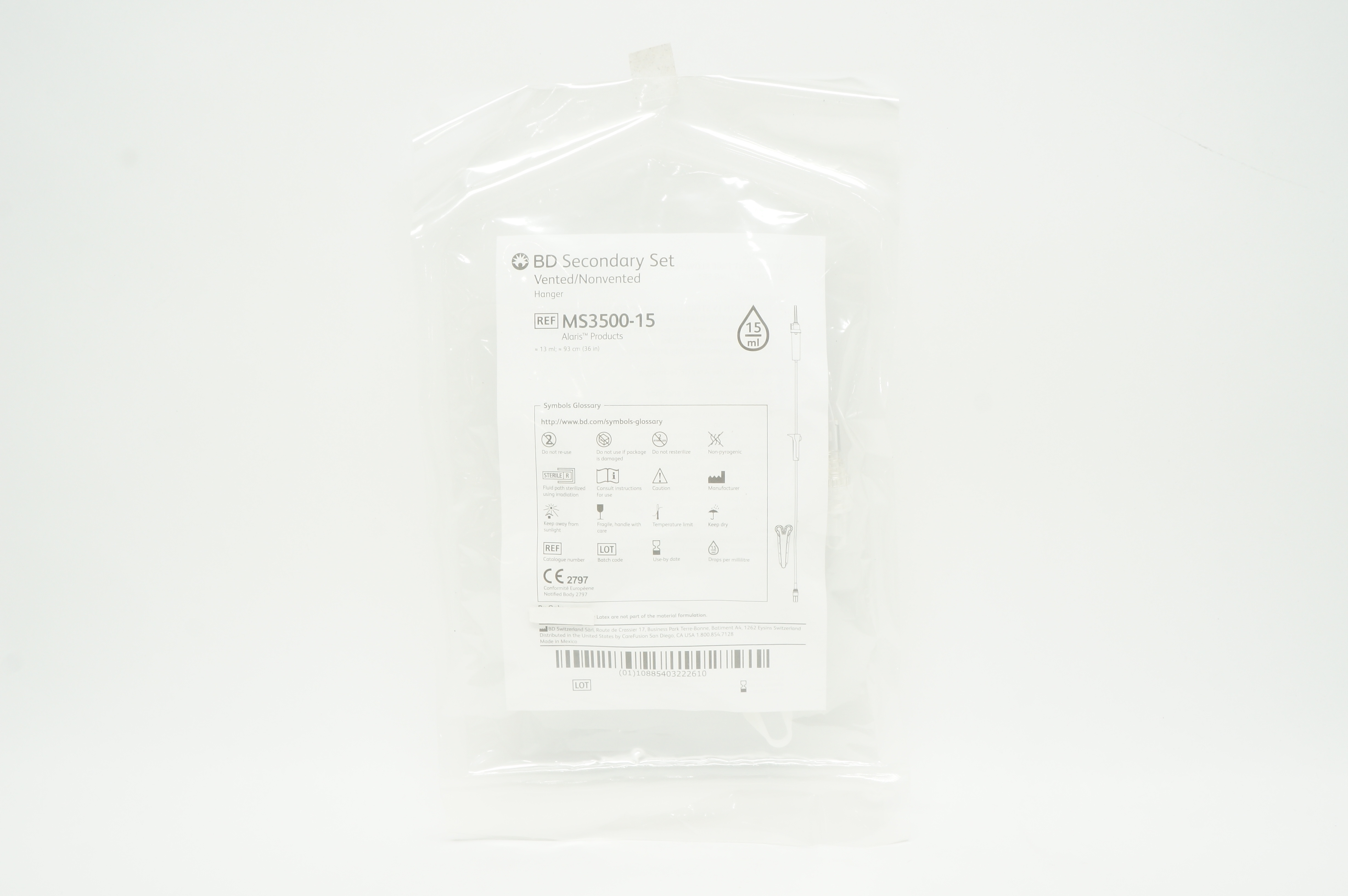 BD MS3500-15 Alaris Secondary Set Vented/Nonvented Hanger 13 ml x 36 inch