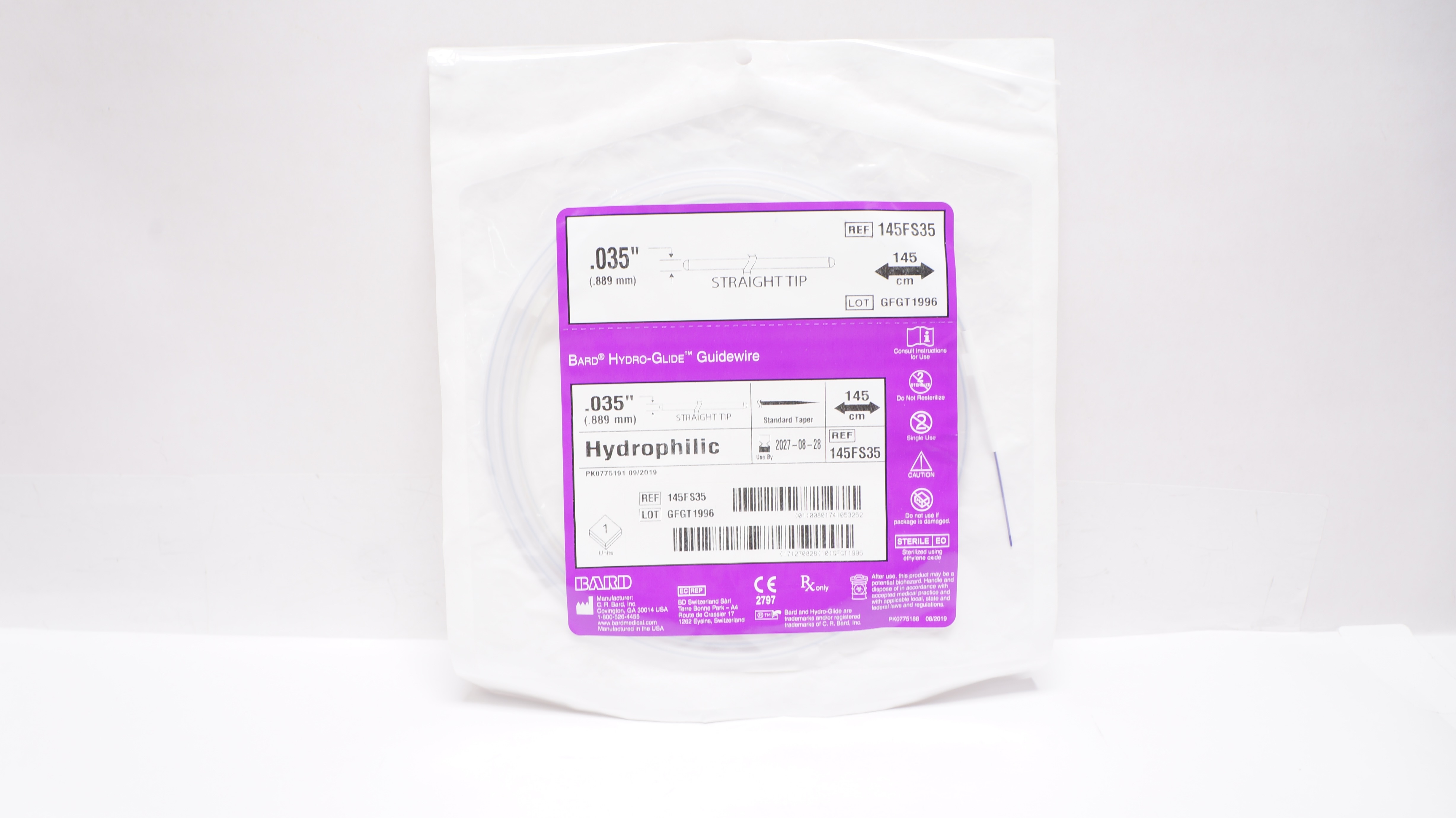 Bard 145FS35 Hydro-Guide Guidewire Hydrophilic Straight Tip .035inch x 145cm