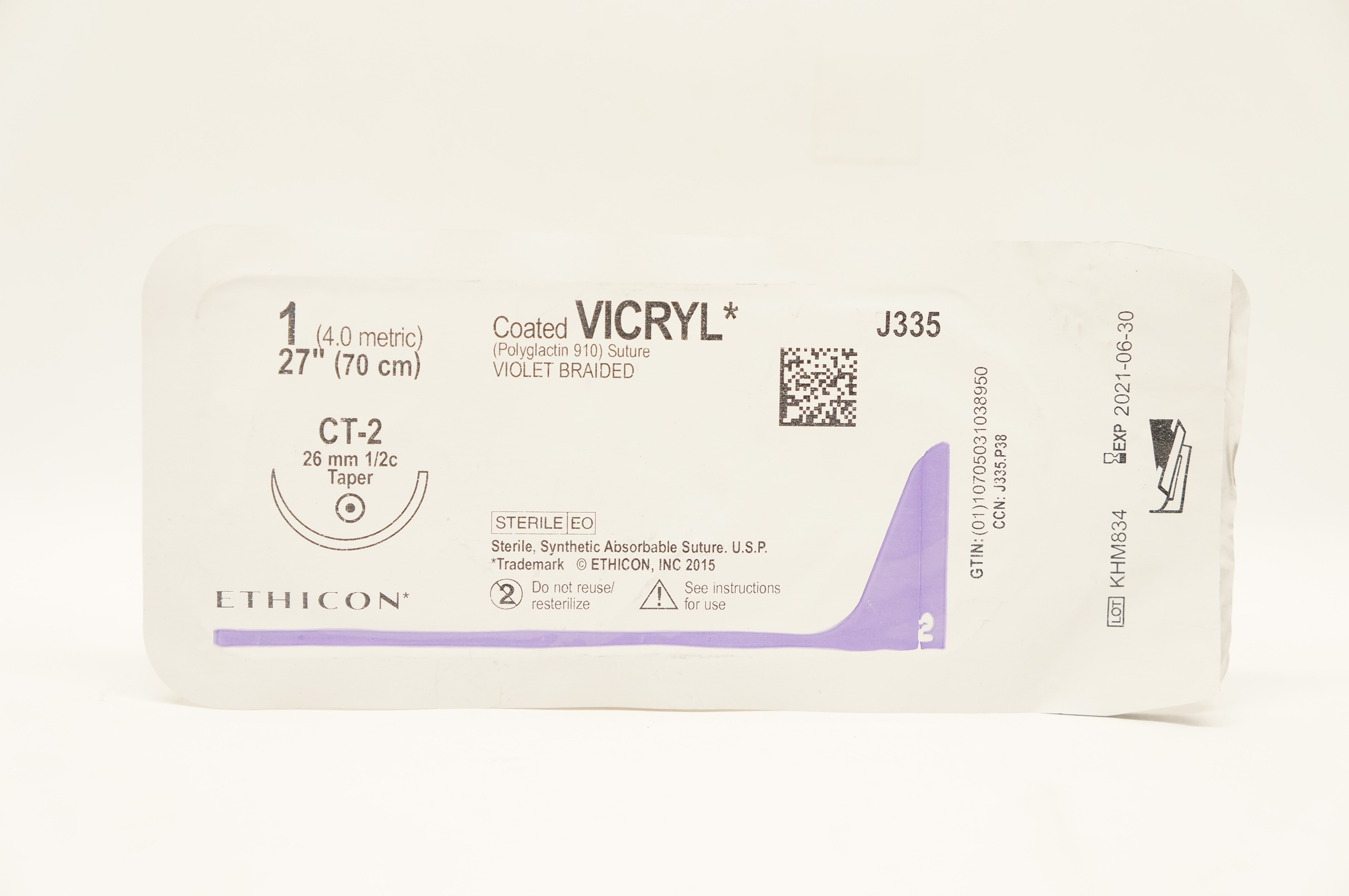 Ethicon J335 1 Coated Vicryl CT-2, 26mm 1/2c Taper, 27inch (x)
