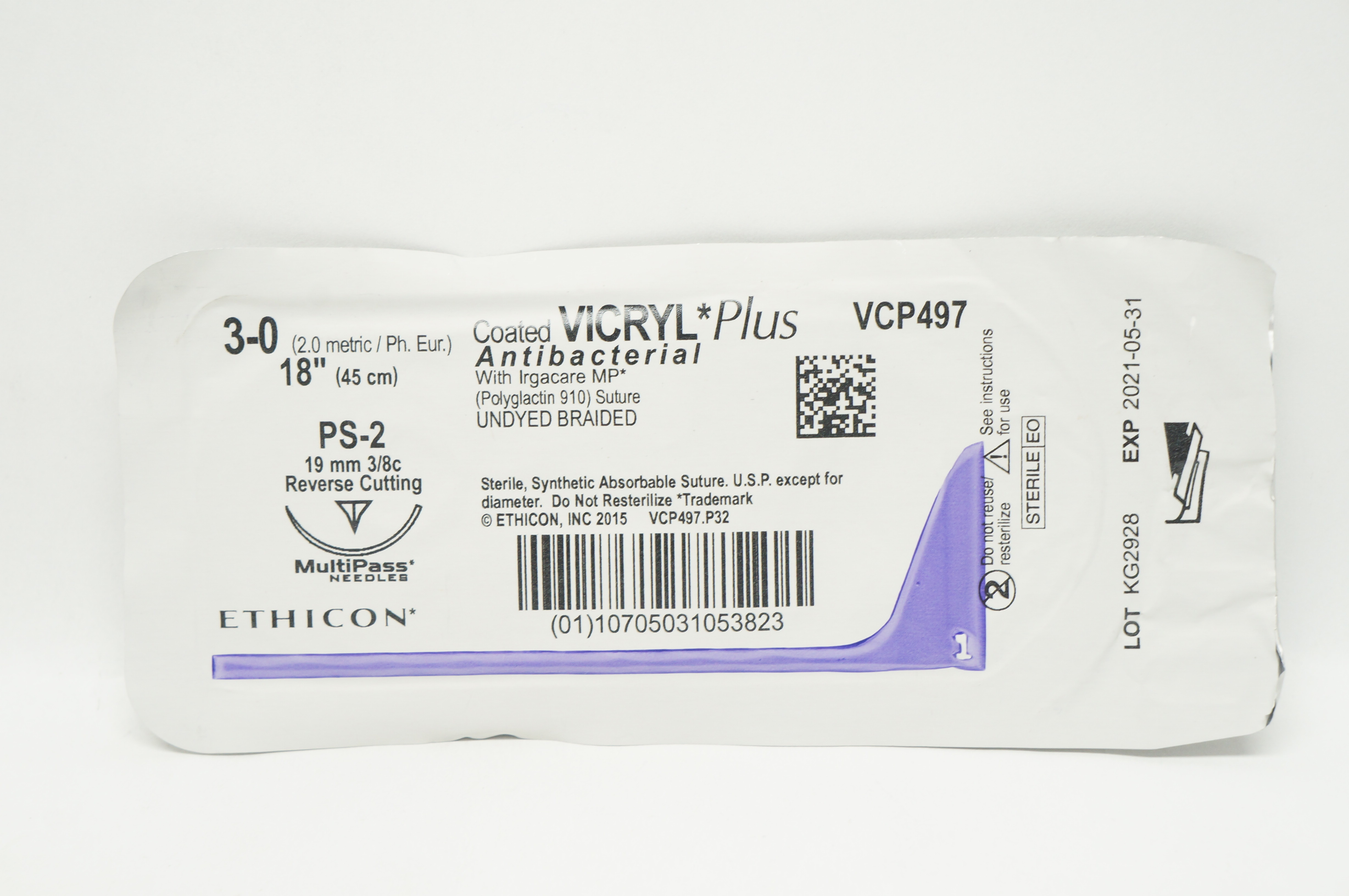 Ethicon VCP497 3-0 Coated VICRYL Plus Stre PS-2 19mm 3/8c Reverse Cutting 18inch