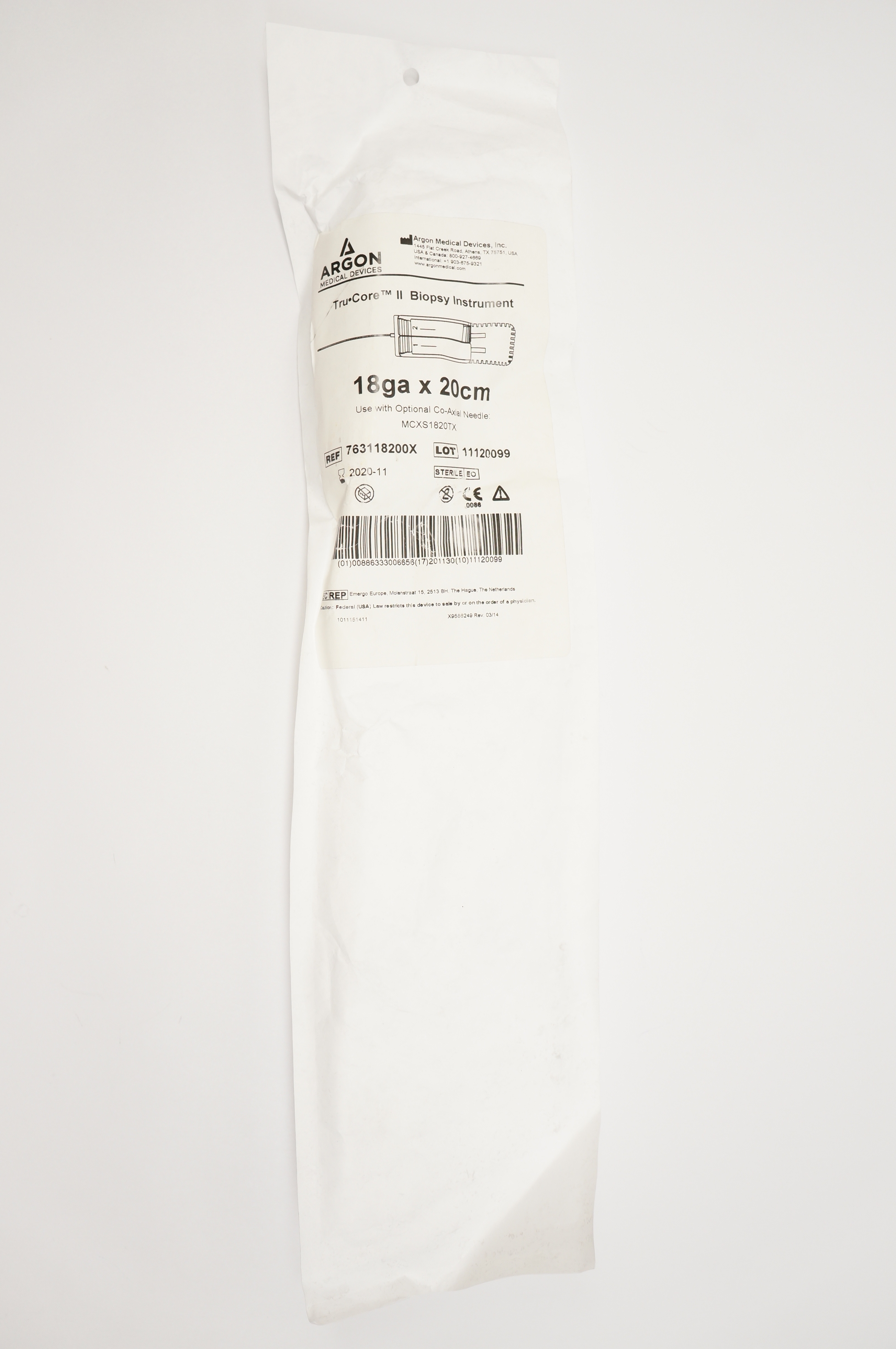 Argon 763118200X Tru Core II Biopsy Instrument 18ga x 20cm
