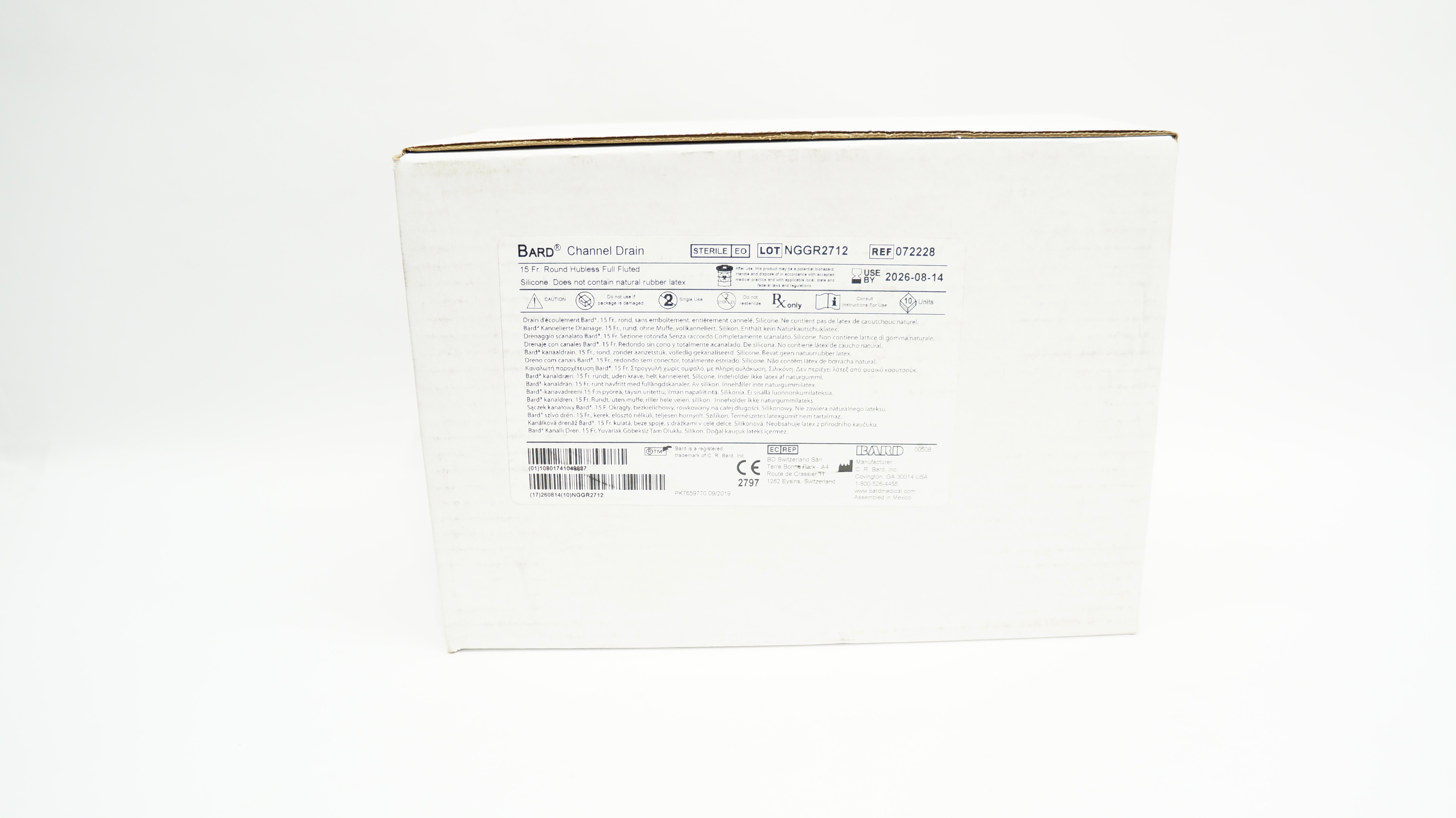 Bard 072228 Channel Drain Round Hubless Full Fluted Silicone 15Fr - Box of 10