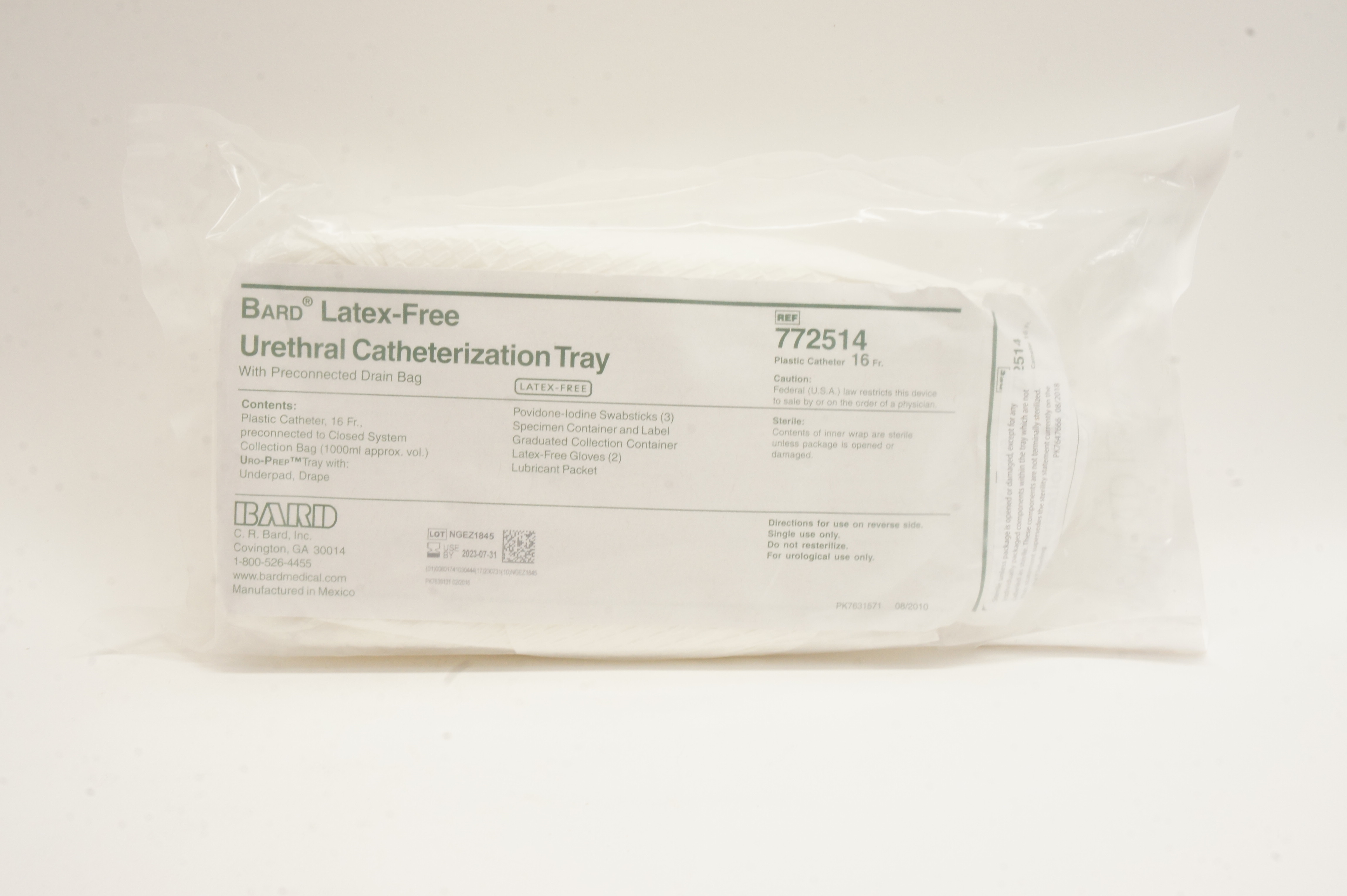Bard 772514 Latex-Free Urethral Catheterization Tray Plastic Cath. 16Fr.