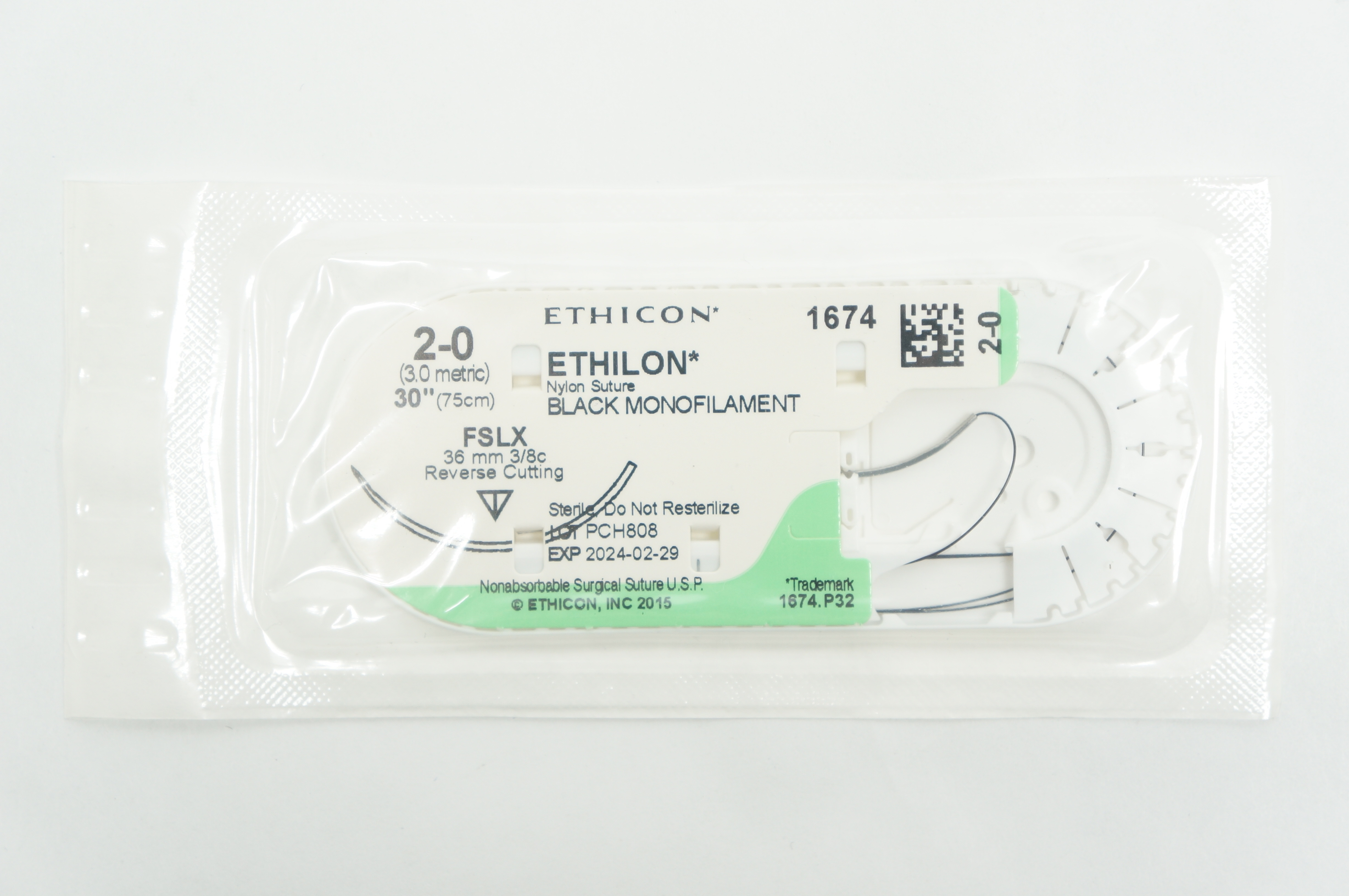 Ethicon 1674 2-0 ETHILON, FSLX, 36mm 3/8c Reverse Cutting, 30inch